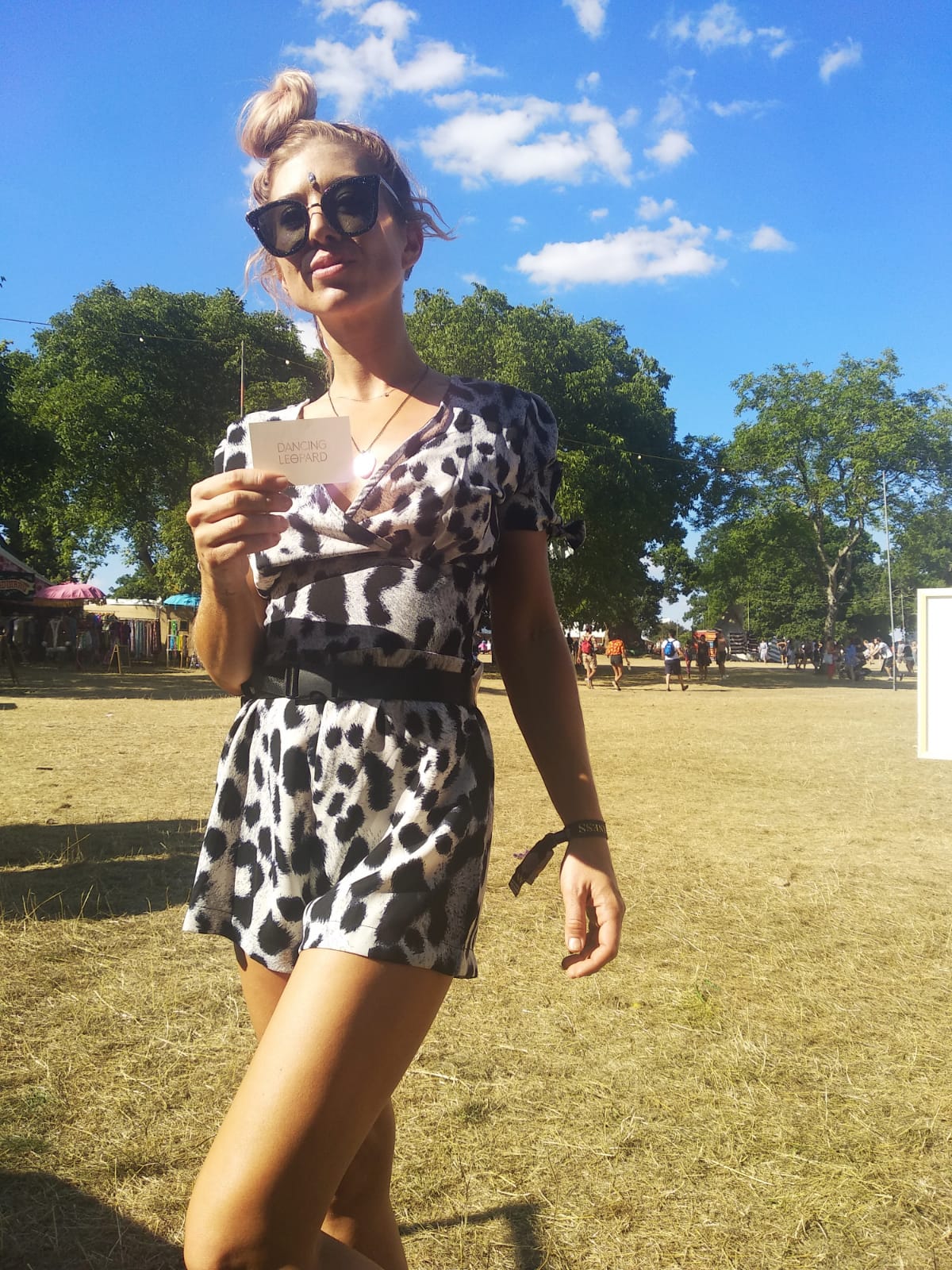 lady wearing Dancing Leopard playsuit at Wilderness Festival