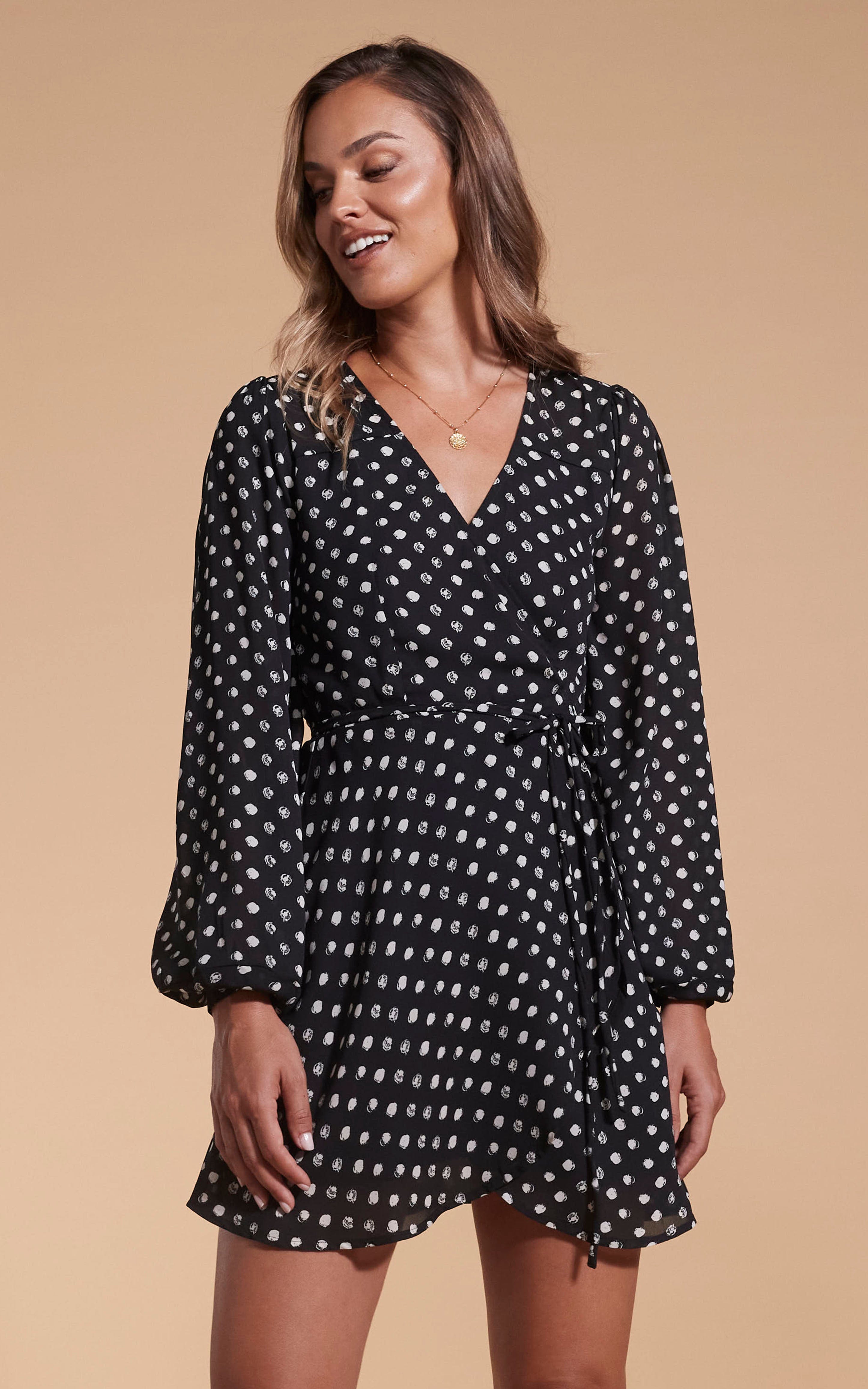 Ginger Mini Wrap Dress In Black Polka Dot