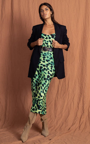 model wearing Sienna Midaxi Dress in Lime Leopard