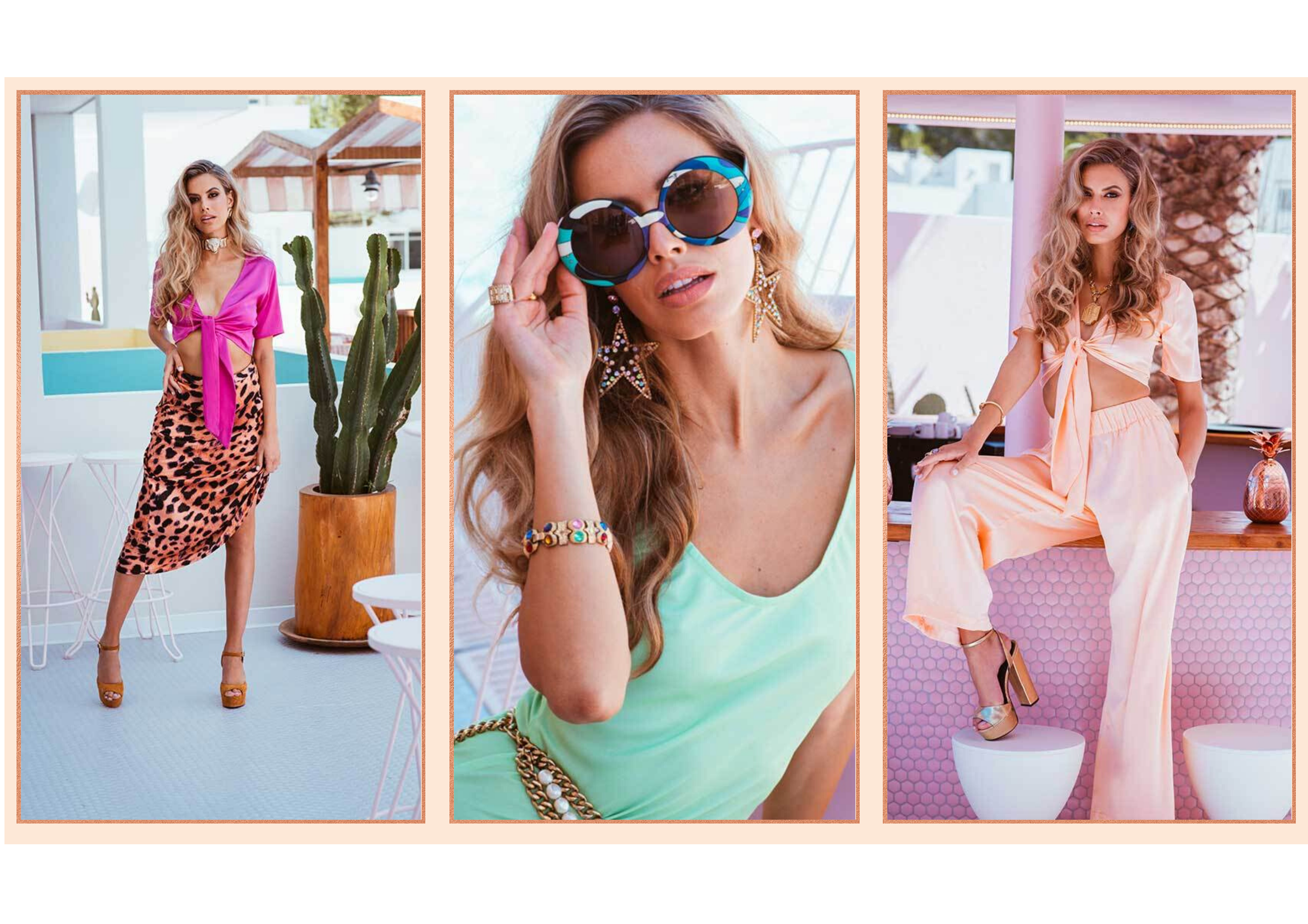 collage of images of Dancing Leopard models shooting the Malibu Moments editorial