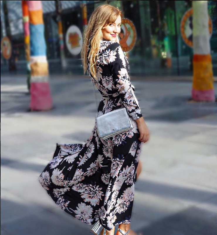 Nelli B wearing Dancing Leopard Maxi Shirt Dress in Midnight Bloom