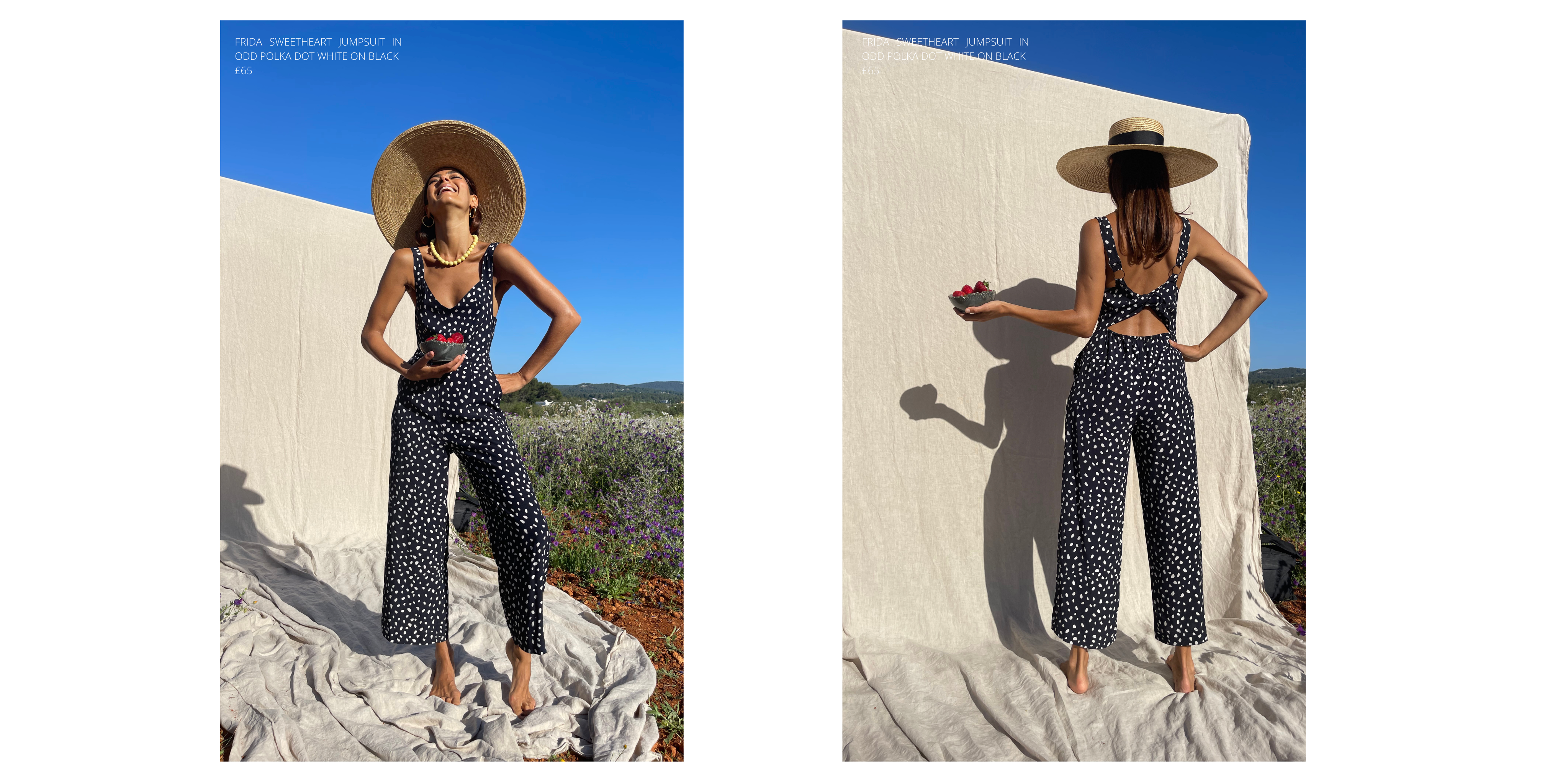 two angles of model wearing Frida Sweetheart Jumpsuit