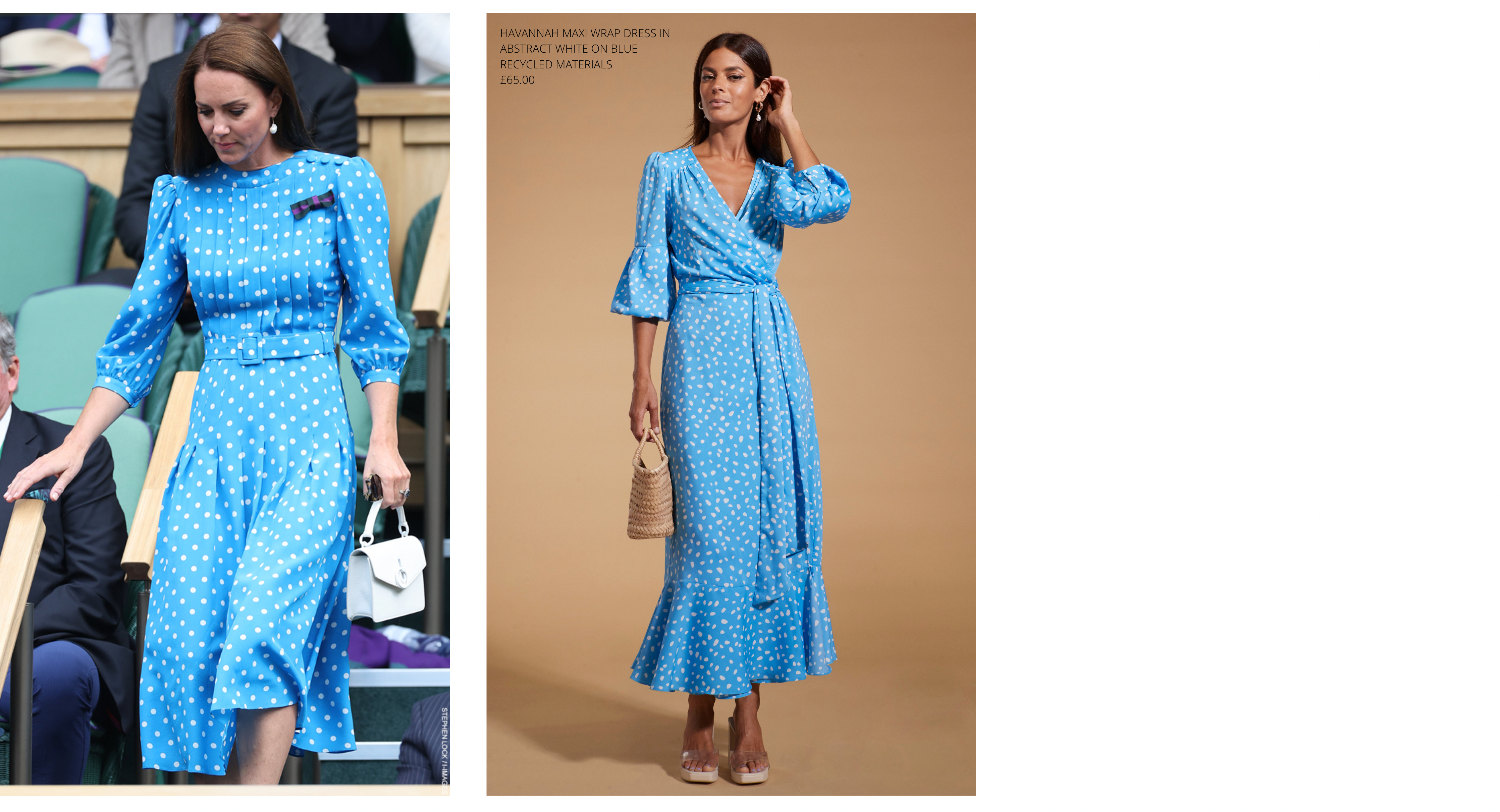 2 images side by side showing Kate Middleton wearing blue dress and Dancing Leopard model wearing a similar blue dress