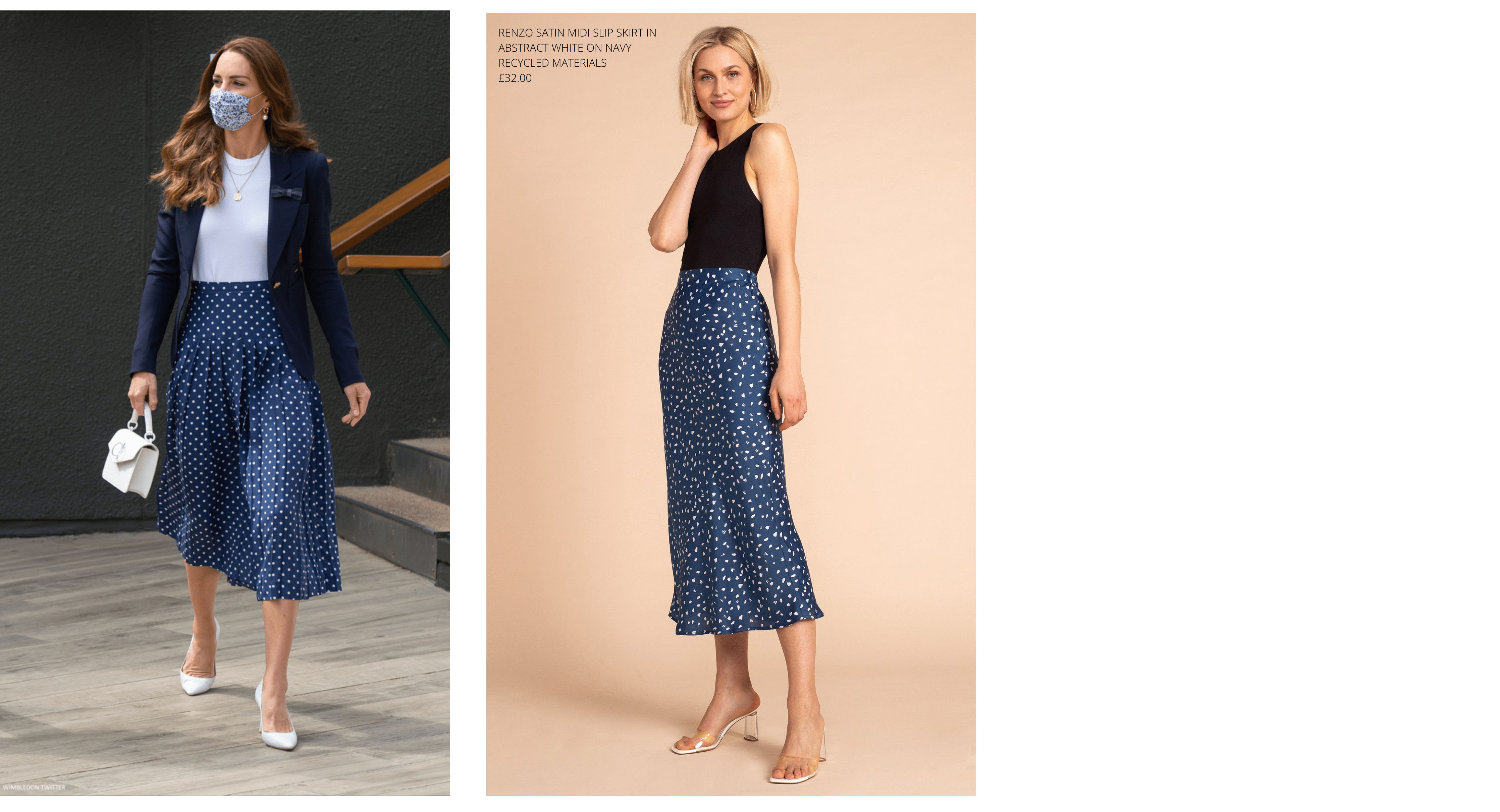 2 images side by side showing Kate Middleton wearing Polka Dot Skirt which is similar to Dancing Leopard Renzo Skirt worn by model