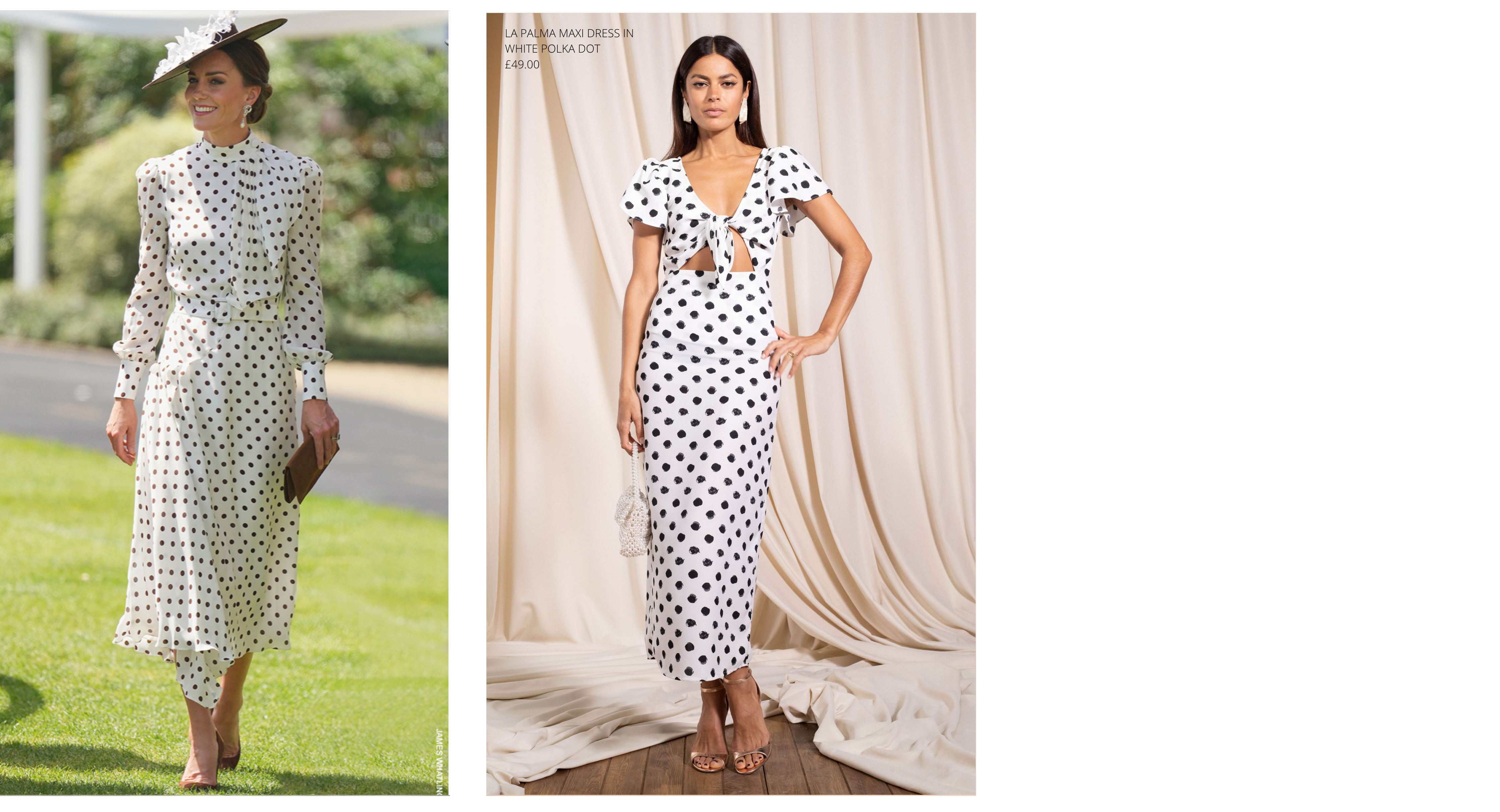 Kate Middleton wearing polka dot dress and hat compared to model wearing La Palma Maxi Dress in White Polka Dot