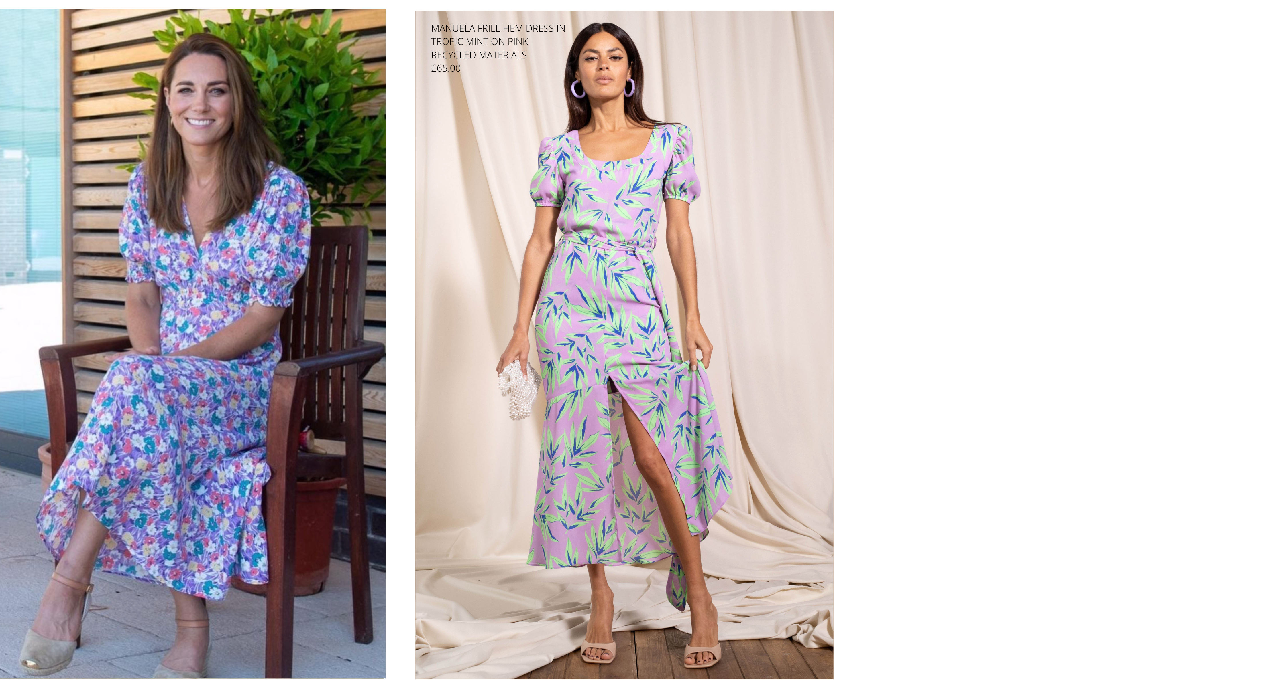 Kate Middleton wearing floral print dress compared to model wearing Dancing Leopard Manuela Dress