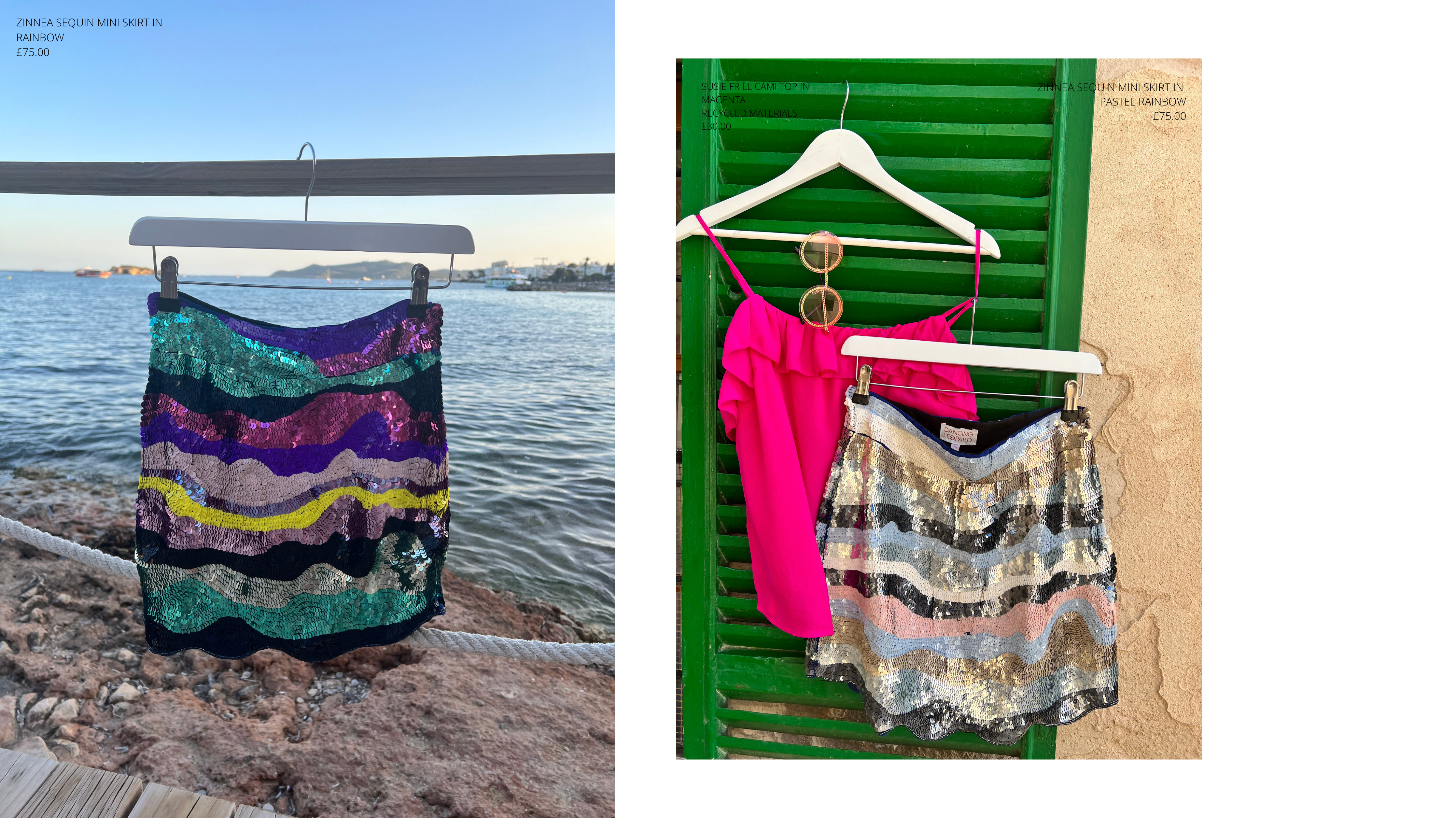 Zinnea Sequin Mini Skirt in Rainbow on hanger in Ibiza