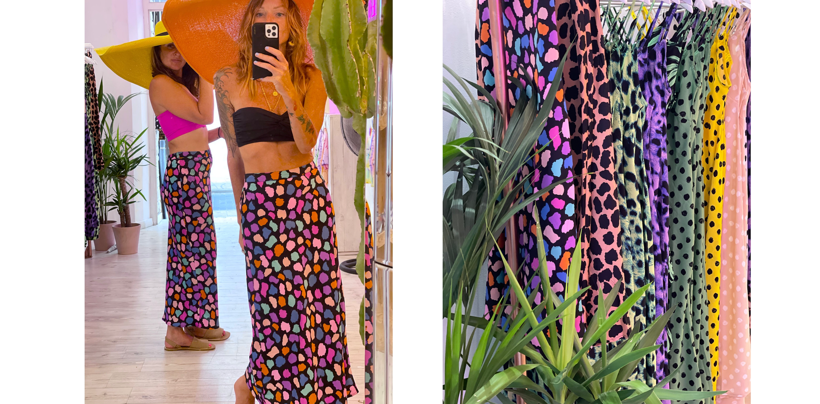 Jade taking selfie within Dancing Leopard store wearing Renzo Skirt in Multi Cloud