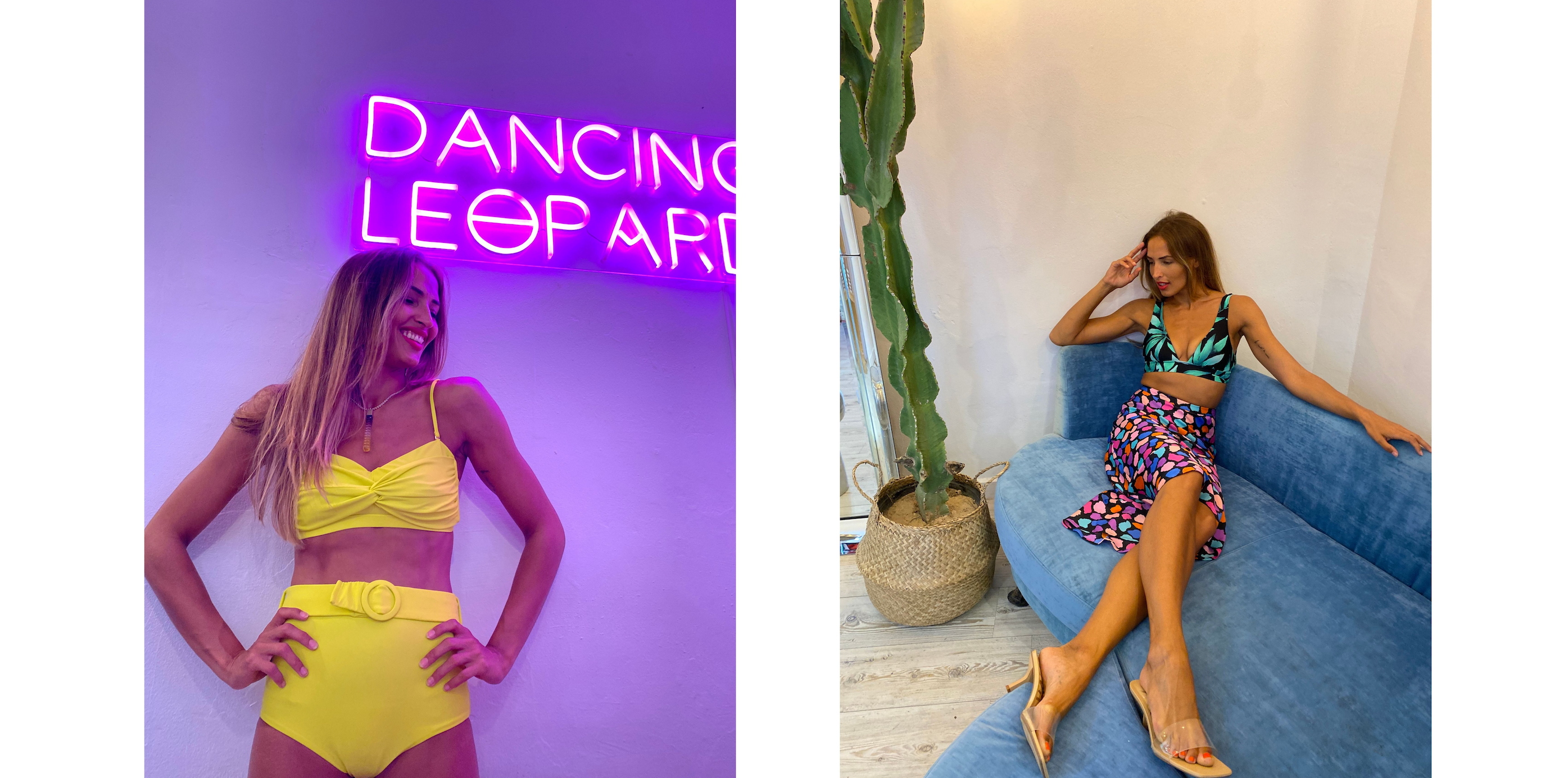 lady wearing yellow HALO bikini set in front of neon Dancing Leopard sign, and lady sat on couch wearing dancing leopard