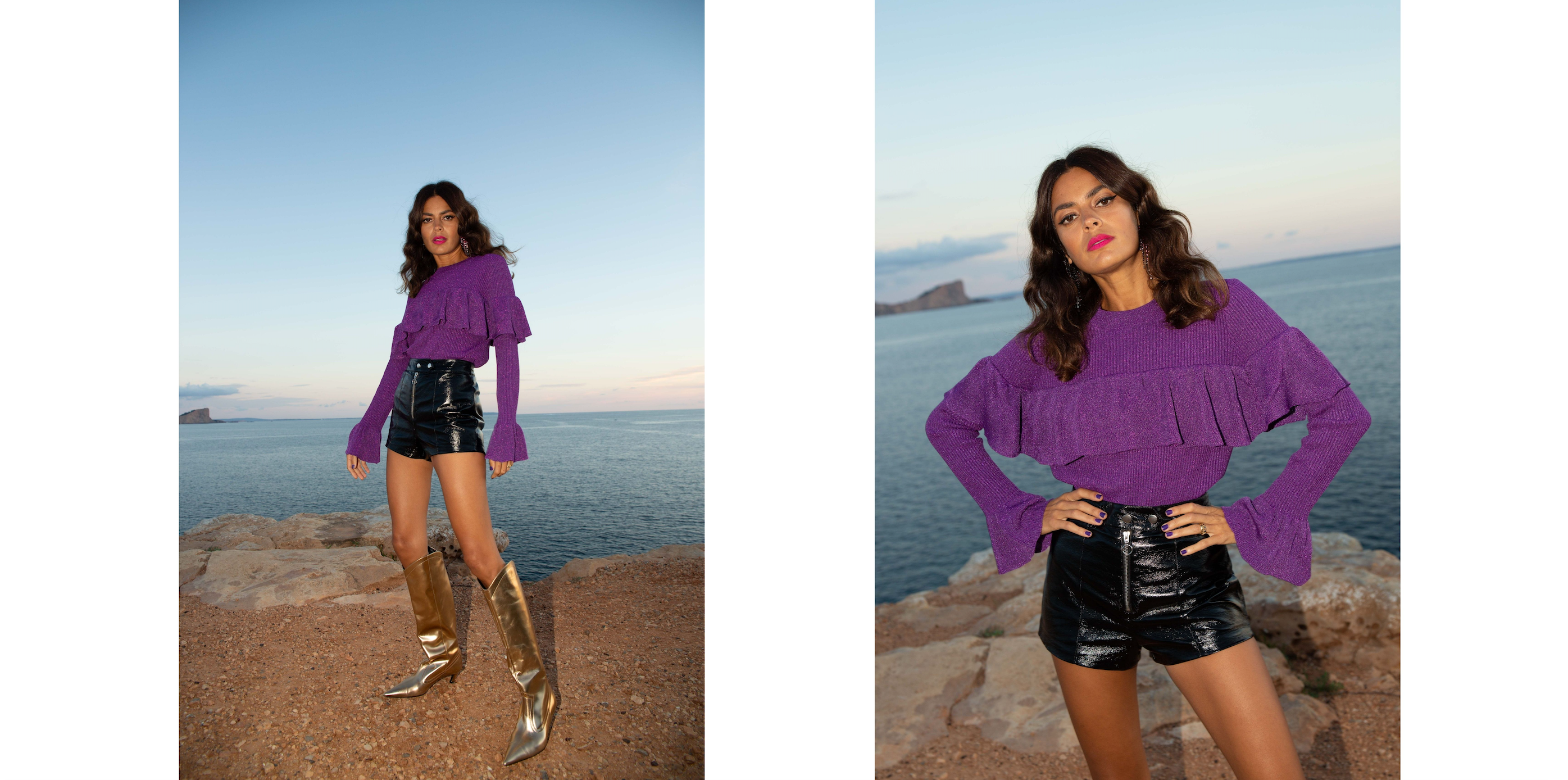 two images side by side of model wearing purple sparkly top, black shorts and knee high boots beside the sea