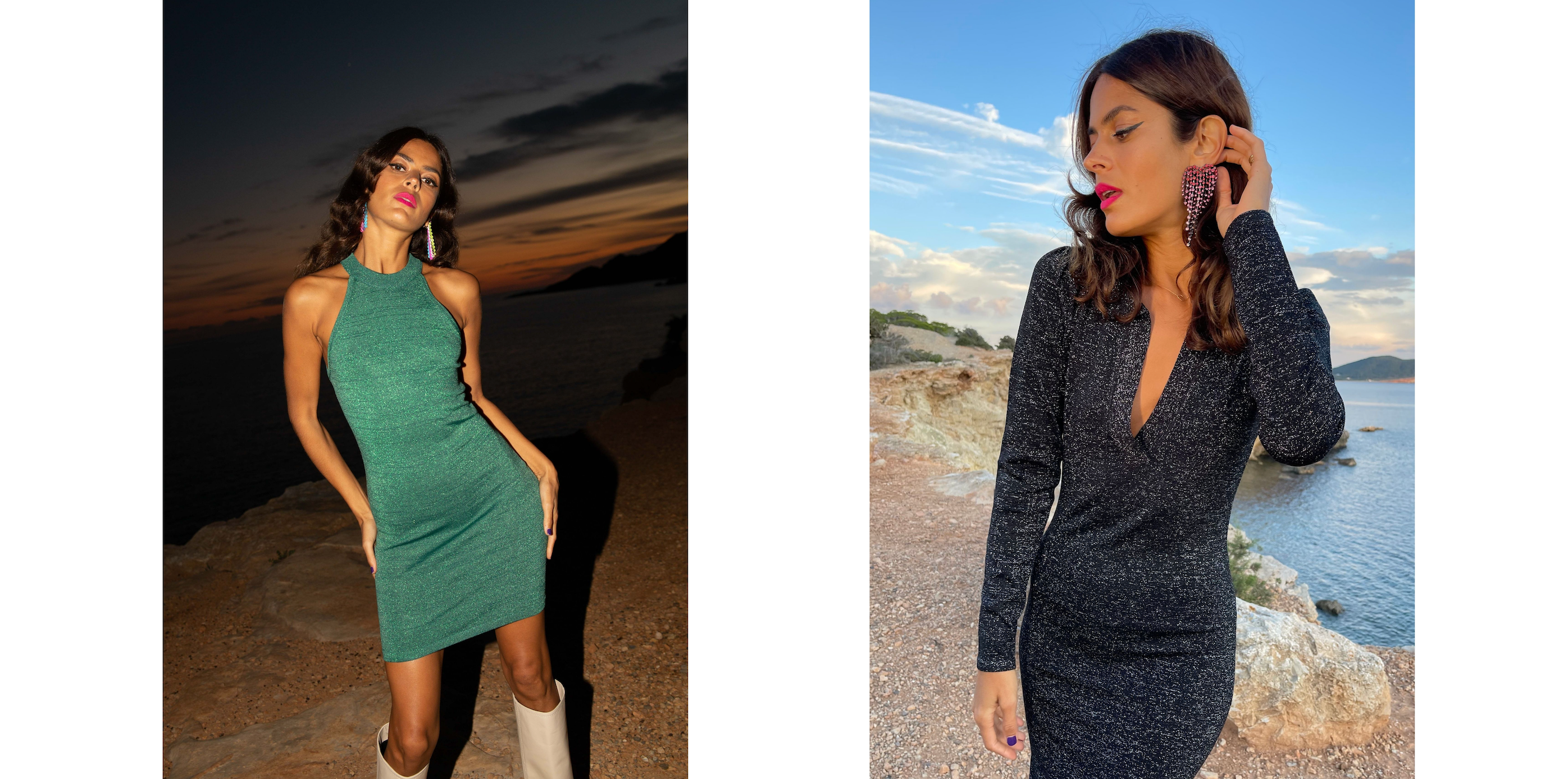 two images of dancing leopard model on the beach in sparkly dresses