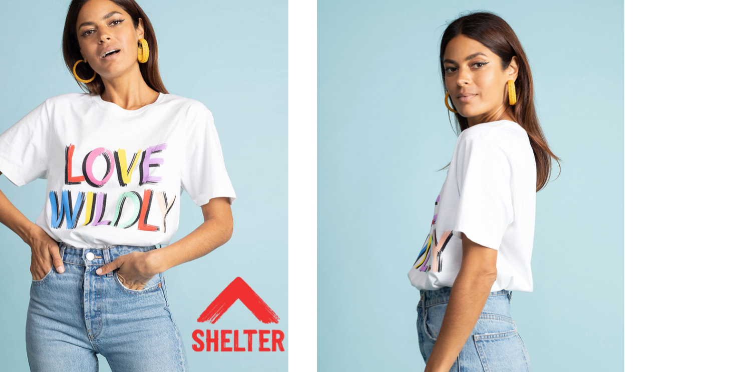 model wearing love wildly shelter charity tshirt