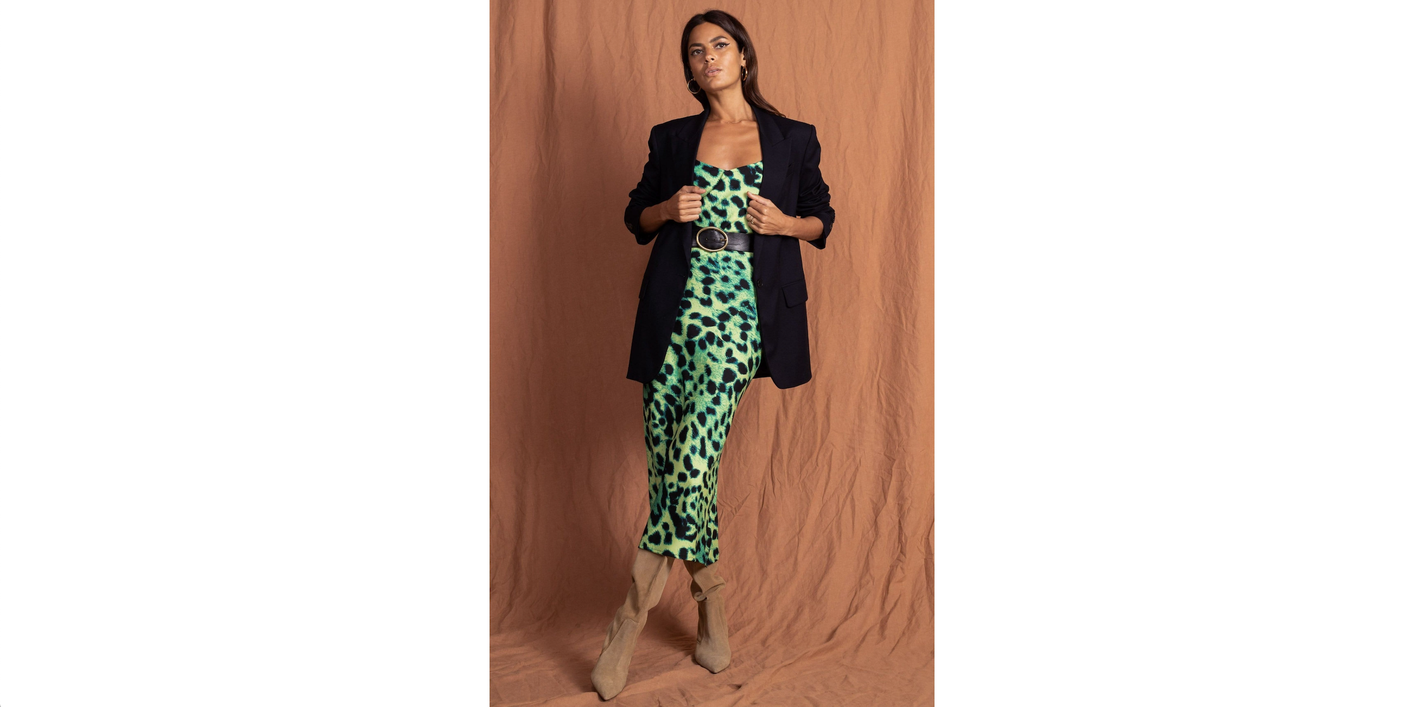 model wearing Sienna Midaxi Dress In Lime Leopard