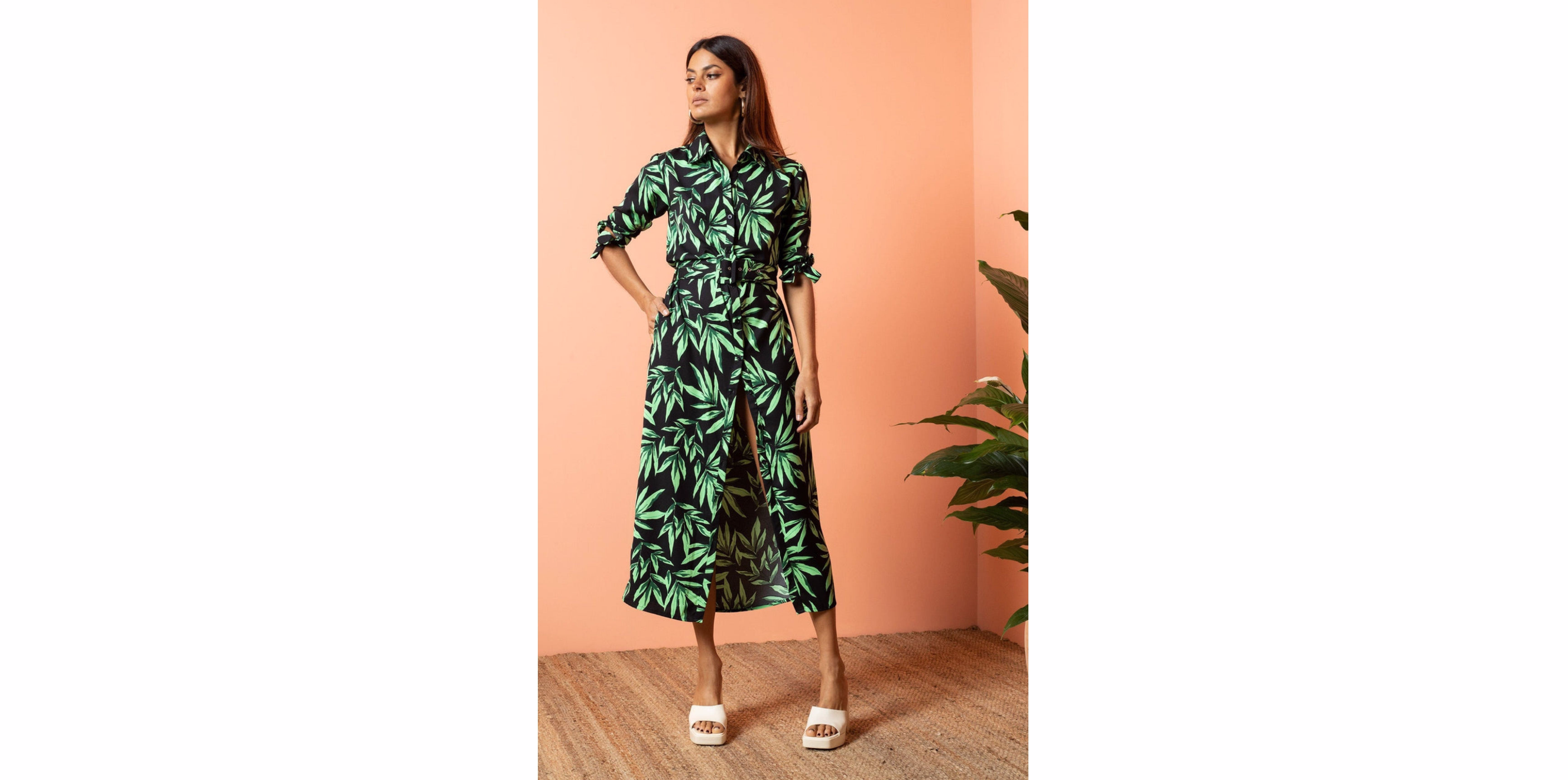 model wearing Alva Midi Shirt Dress In Tropic Green on Black