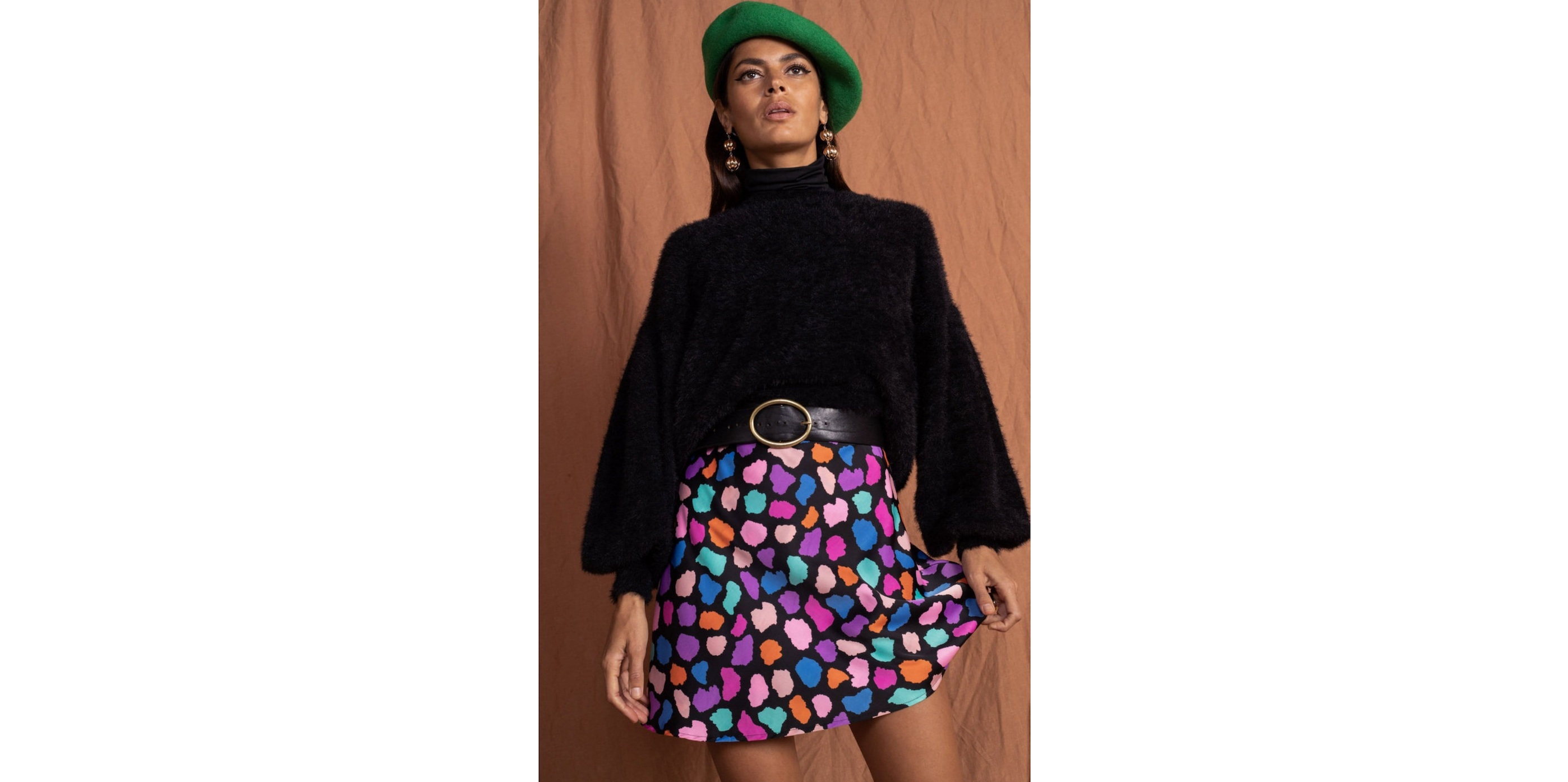 model wearing honey jumper and stevie mini skirt