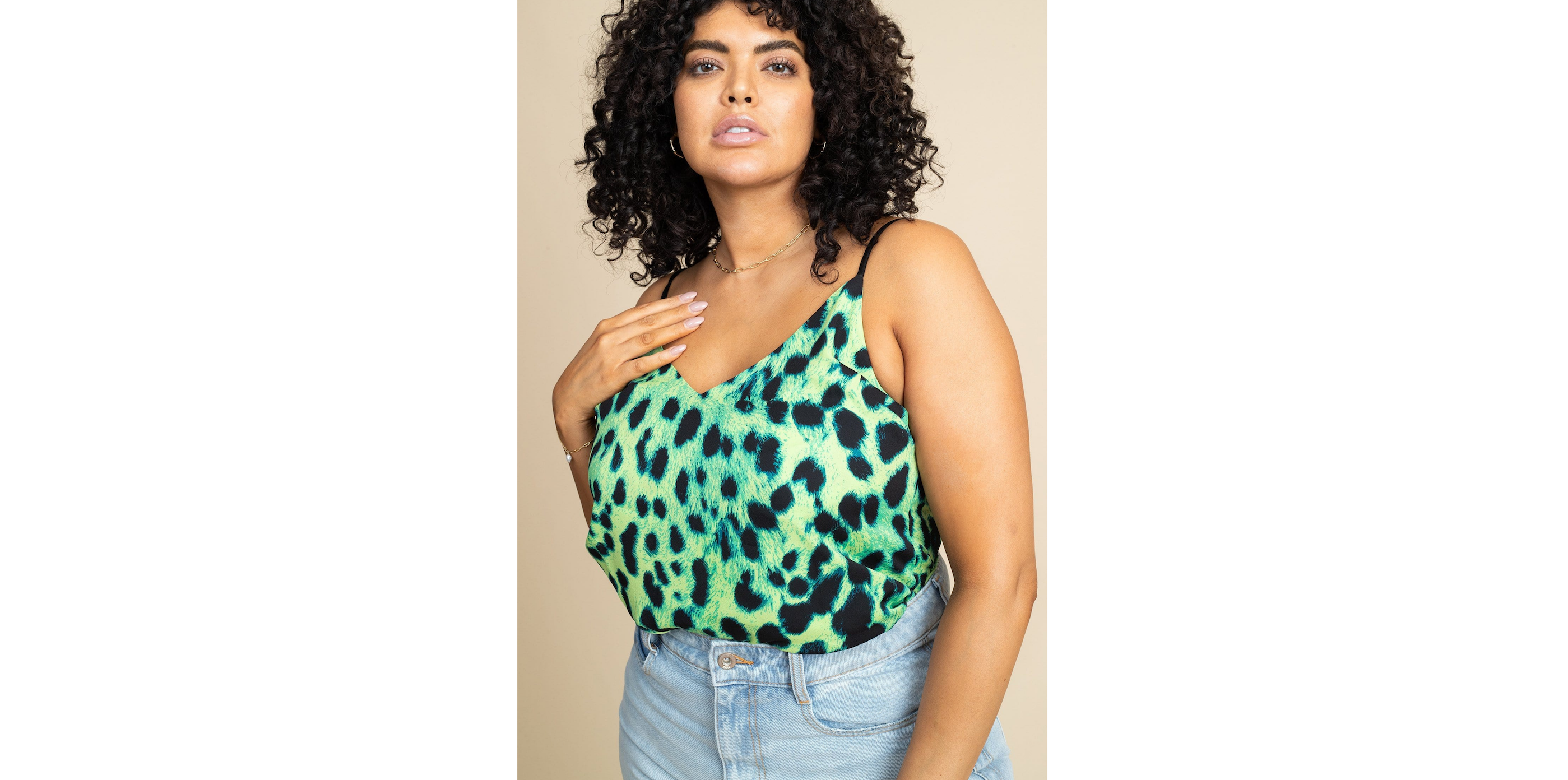 model wearing Birdie Cami Top in Lime Leopard