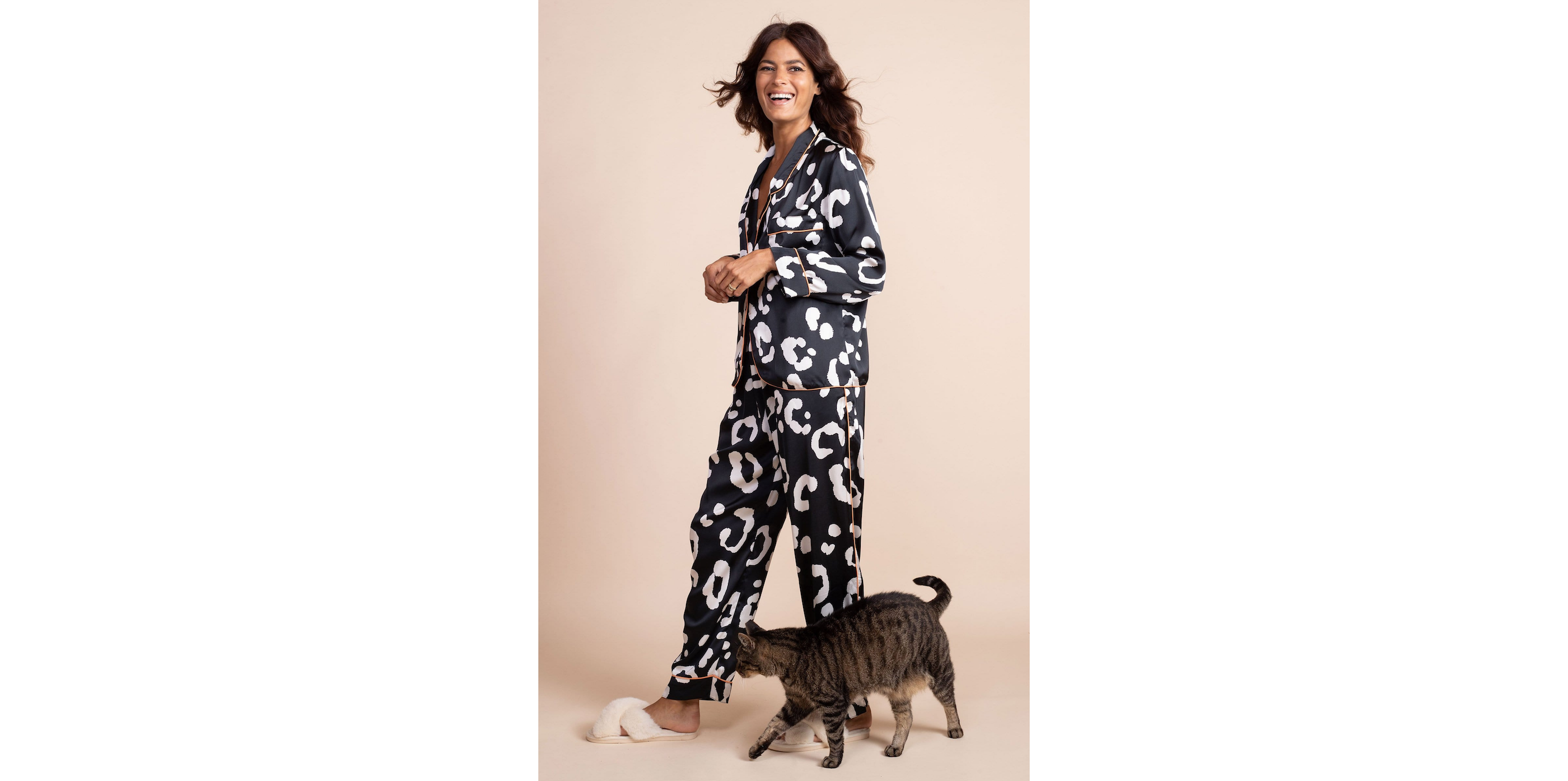 model wearing Cosmos Satin Long Leg PJ Set in Oversized Mono Leopard