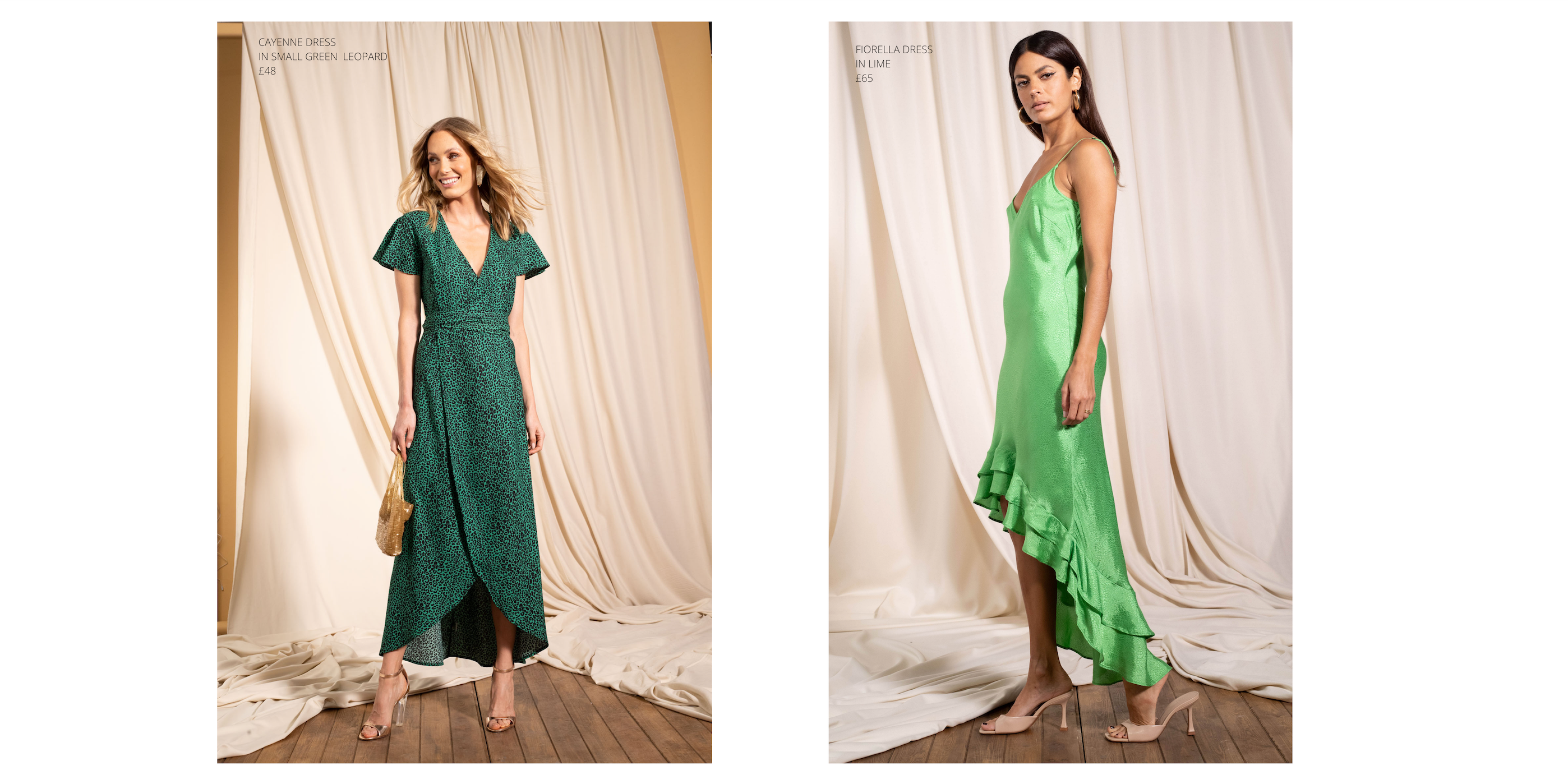 models wearing Cayenne Dress in Small Green Leopard & Fiorella Dress in Lime