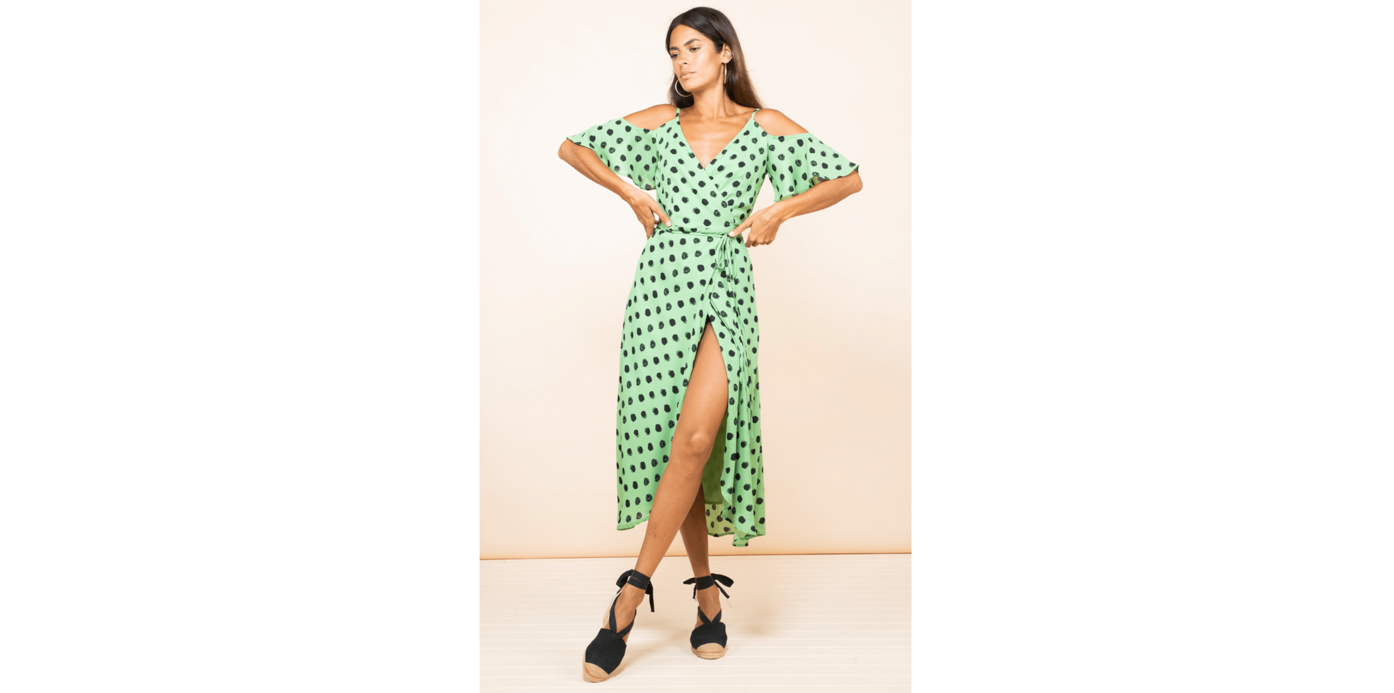 model wearing Ivy Dress in Green Polka Dot