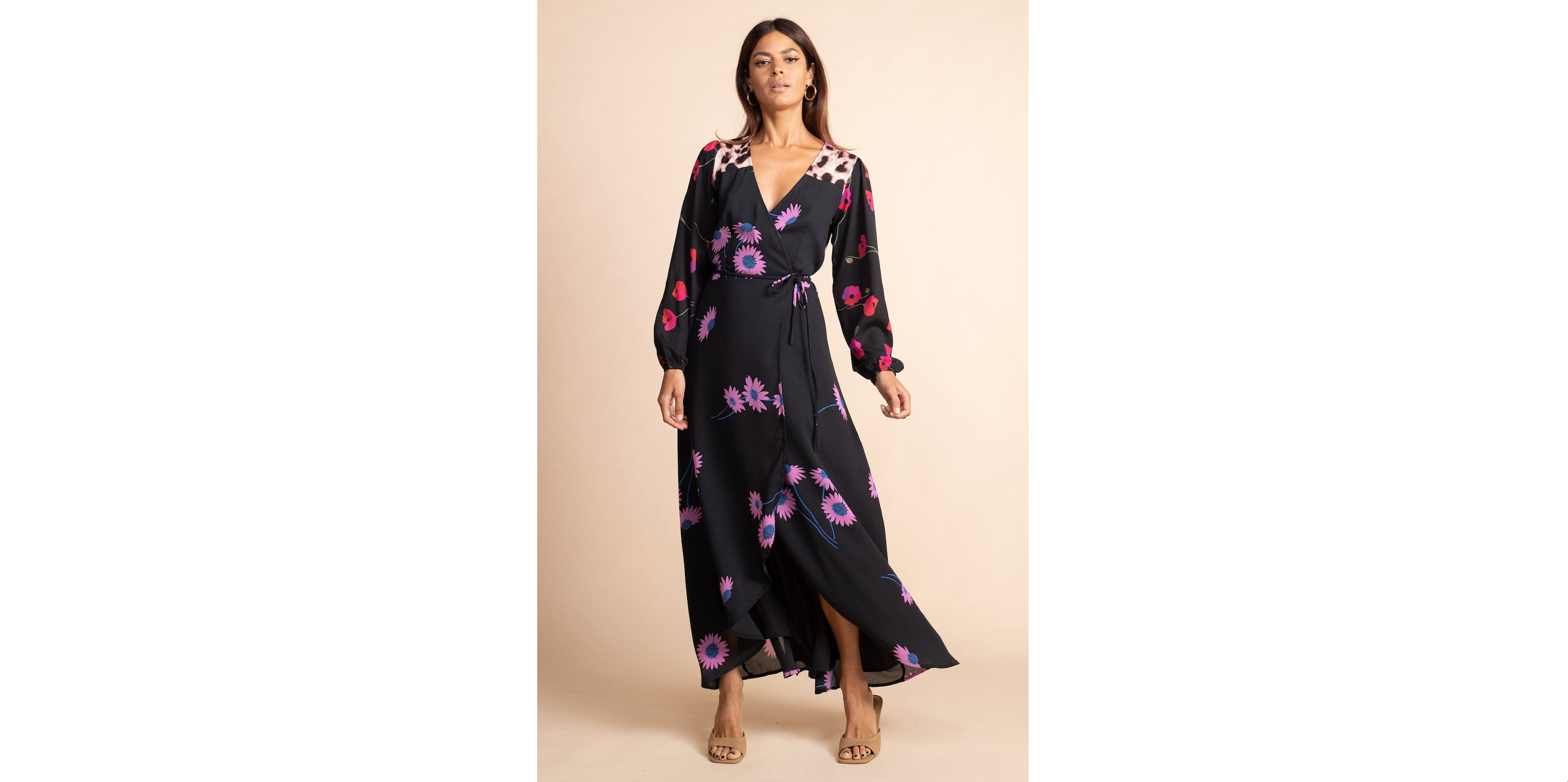 model wearing Jagger Maxi Wrap Dress in Pink Daisy on Black