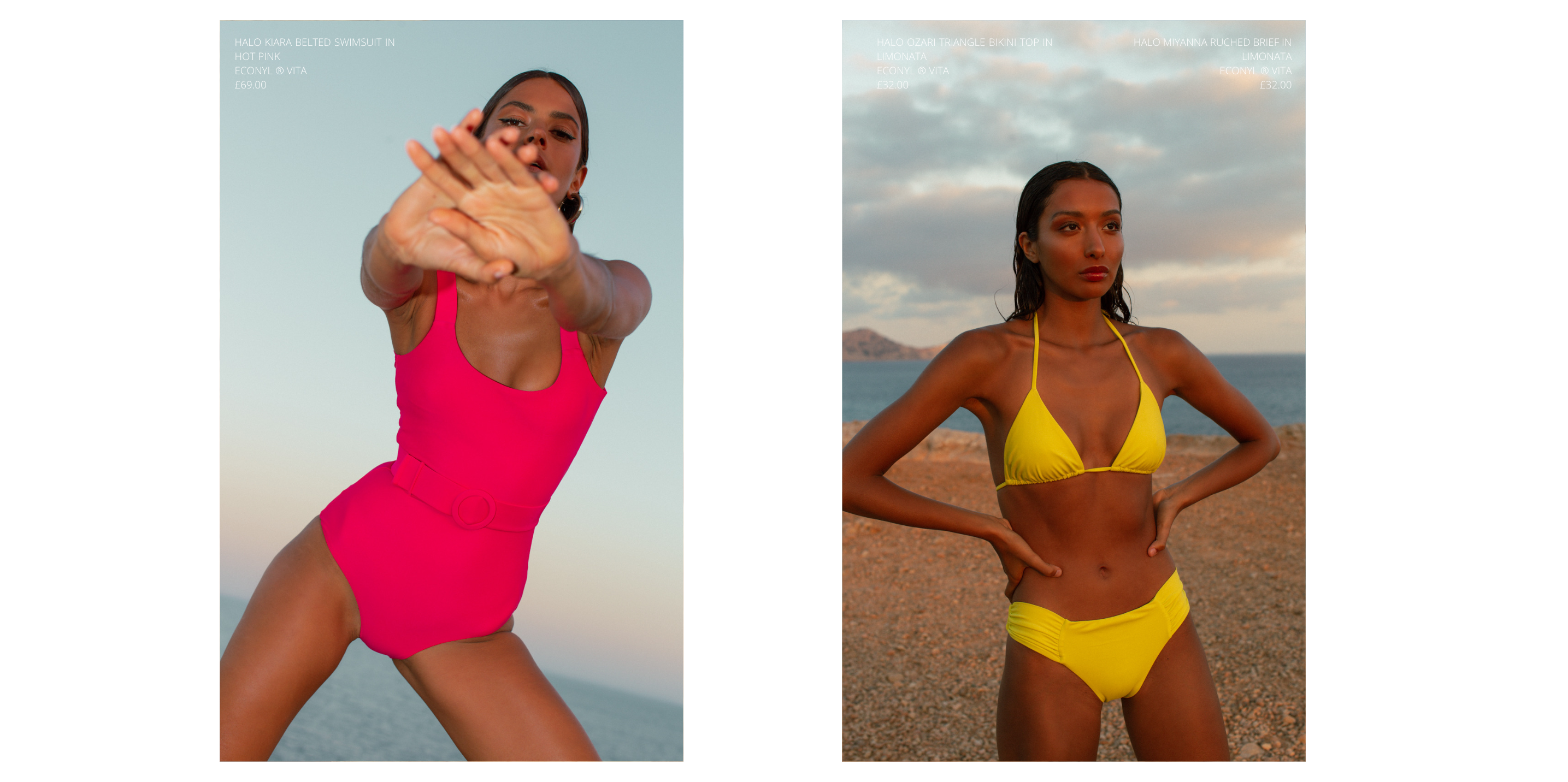 two images side by side of model wearing HALO hot pink swimsuit and Limonata Bikini Set