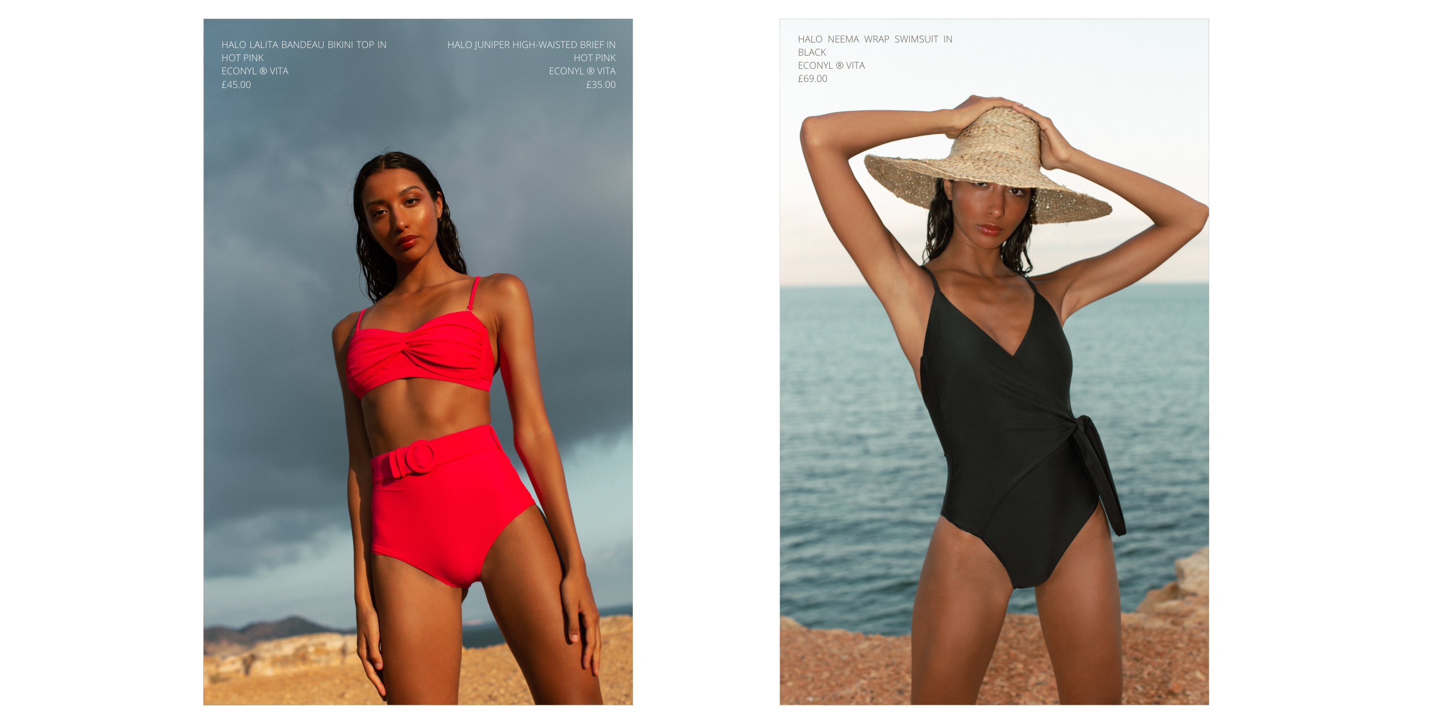 two images side by side of model wearing Halo Bikini set and HALO swimsuit