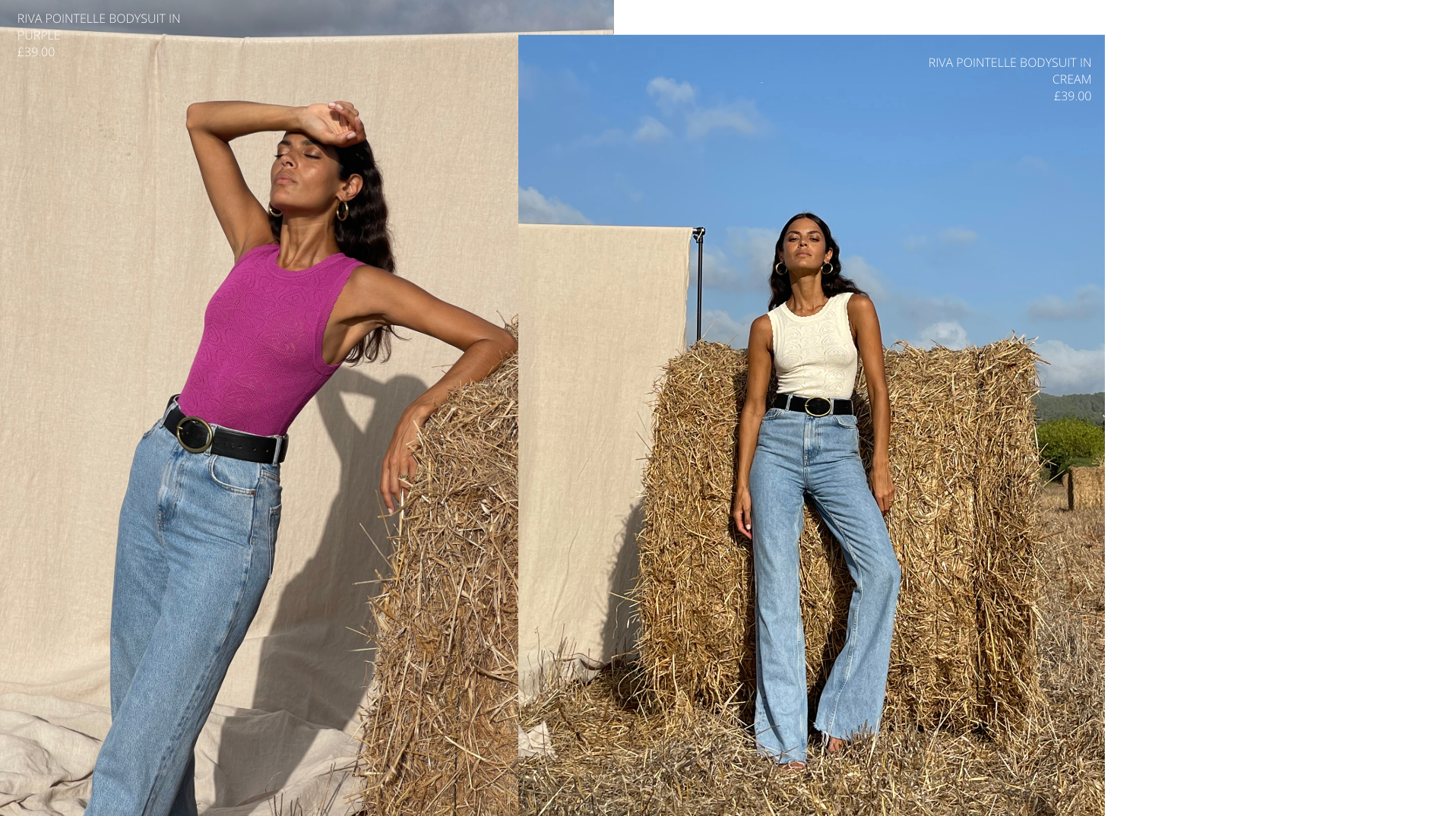 model wearing Riva Bodysuit in cream and purple