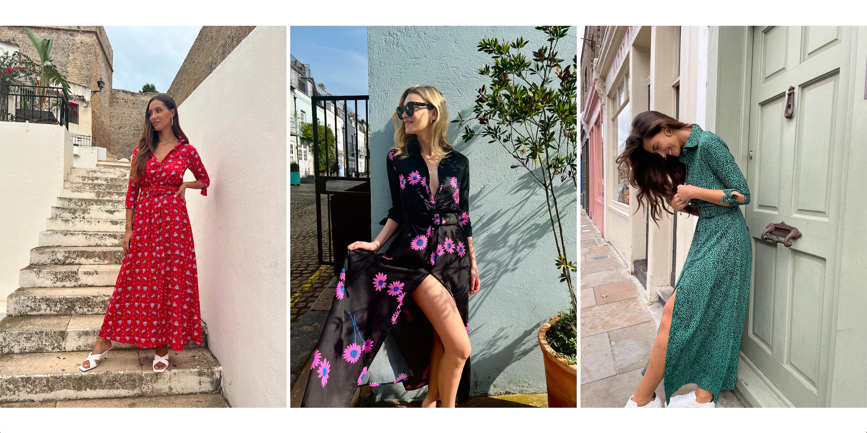 collage of models wearing Dove Dress in Ibiza streets