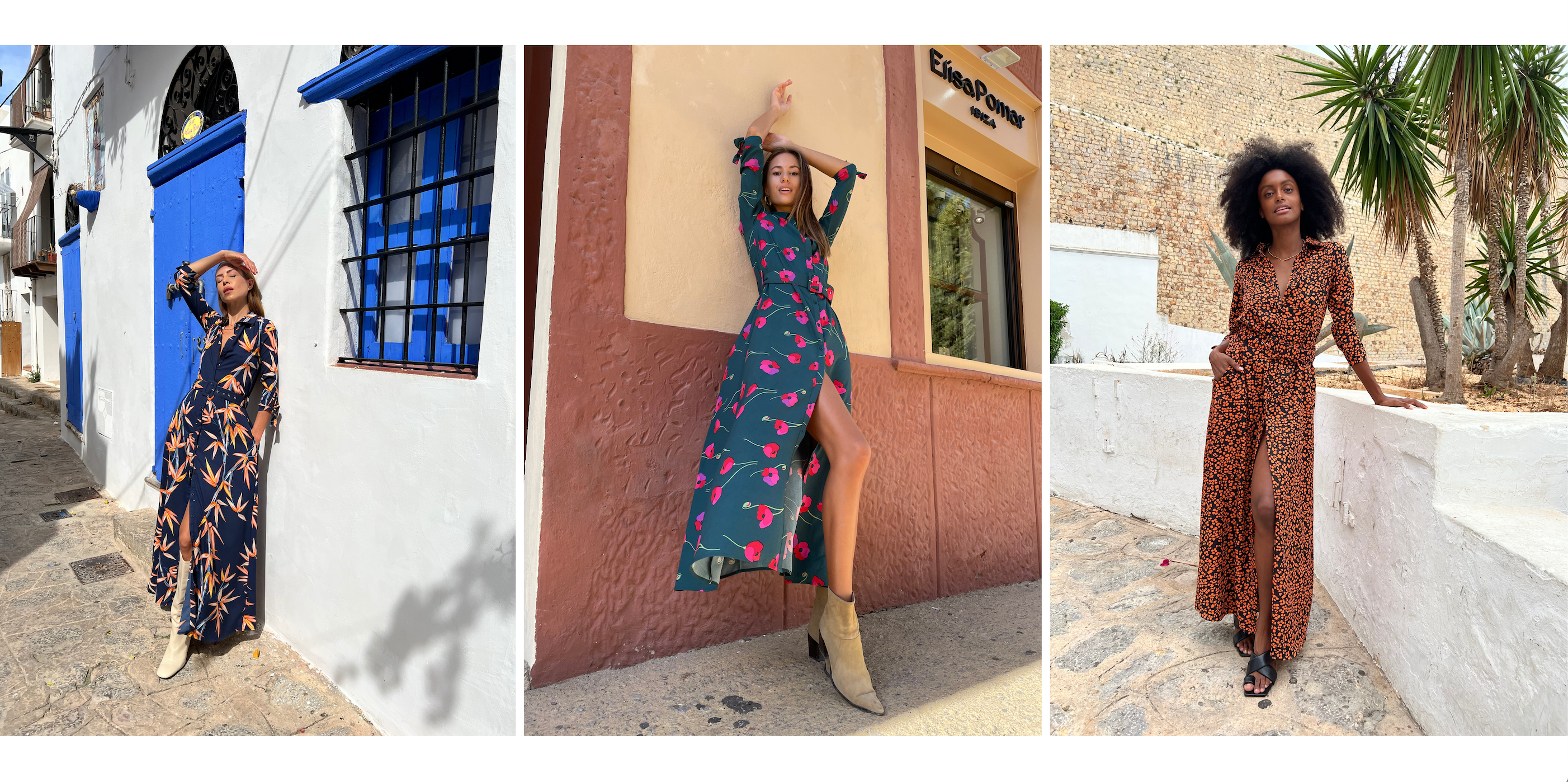 collage of models wearing Dove Dress in Ibiza streets