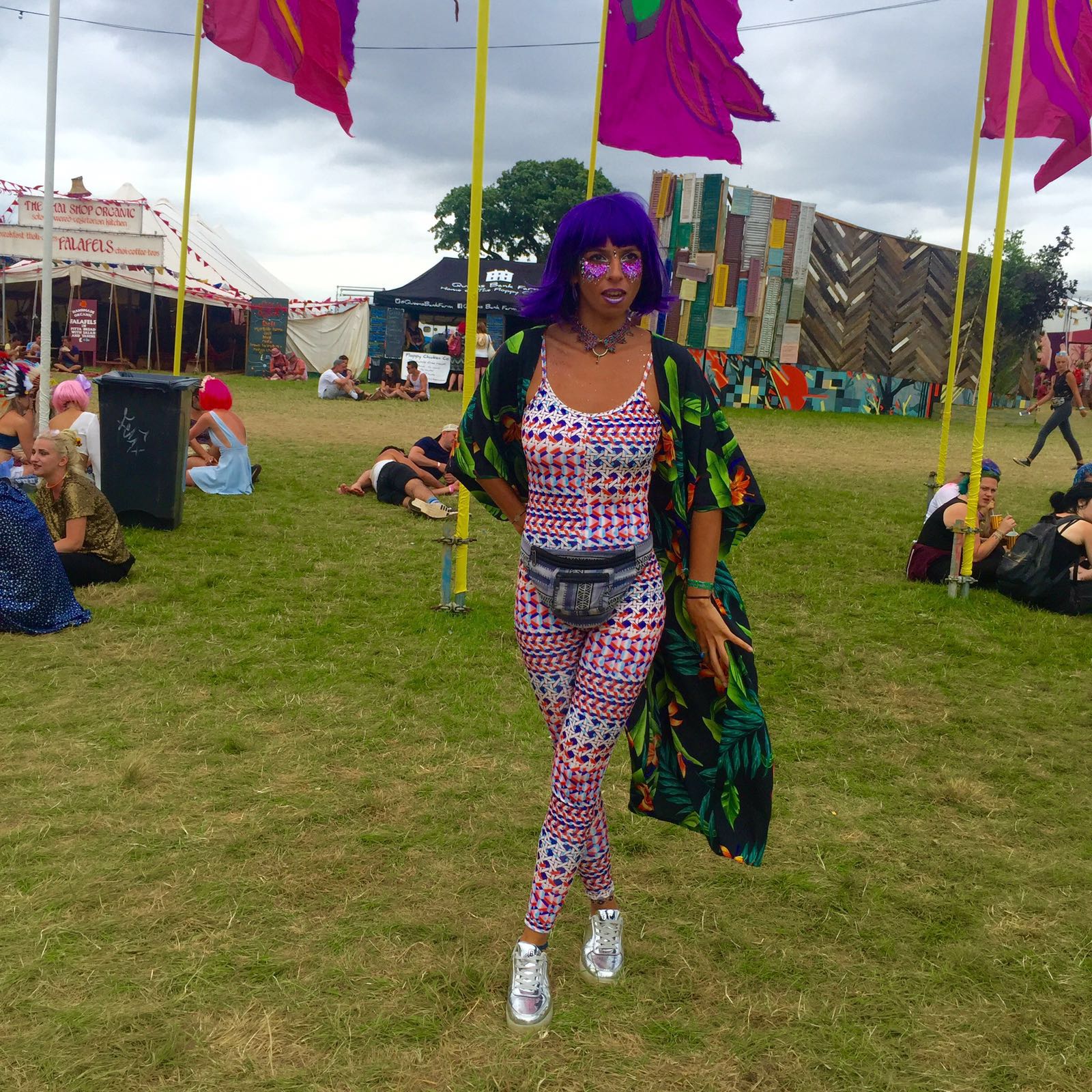 lady wearing Dancing Leopard floral kimono with purple hair and face art at Secret Garden Party