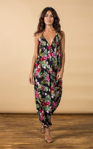 Dancing Leopard model wearing floral genie jumpsuit