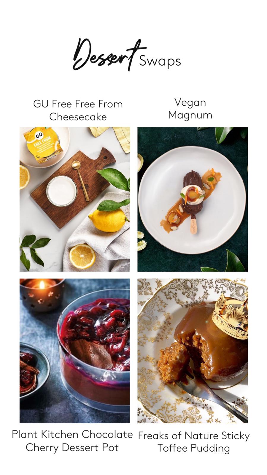 Image of four vegan desserts on white background