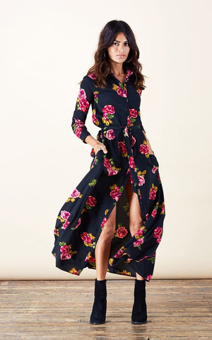 Dancing Leopard model wearing Maxi Shirt Dress in Rose Print