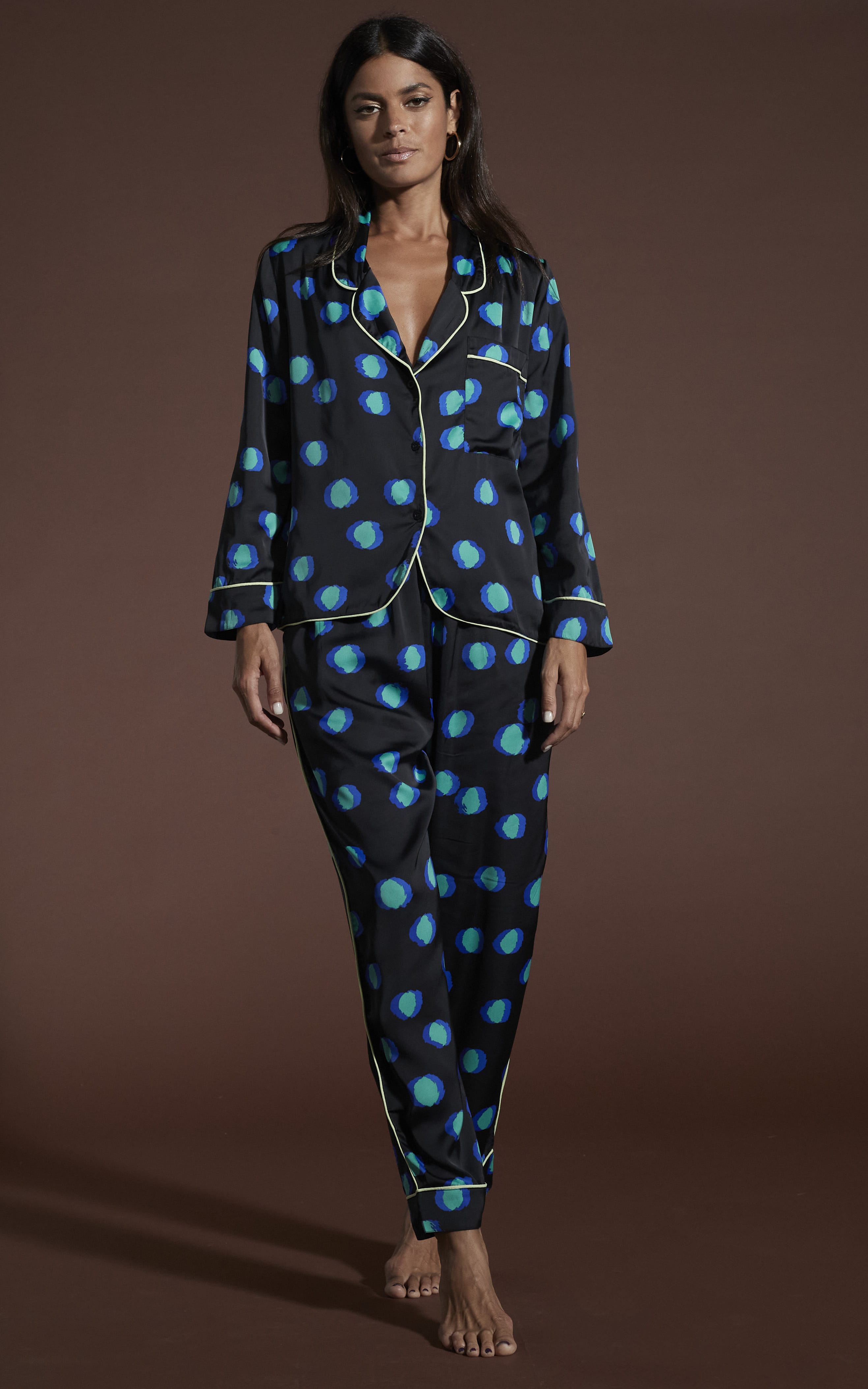 Cosmos Satin Long Leg PJ Set in Polka Dot Blue on Black