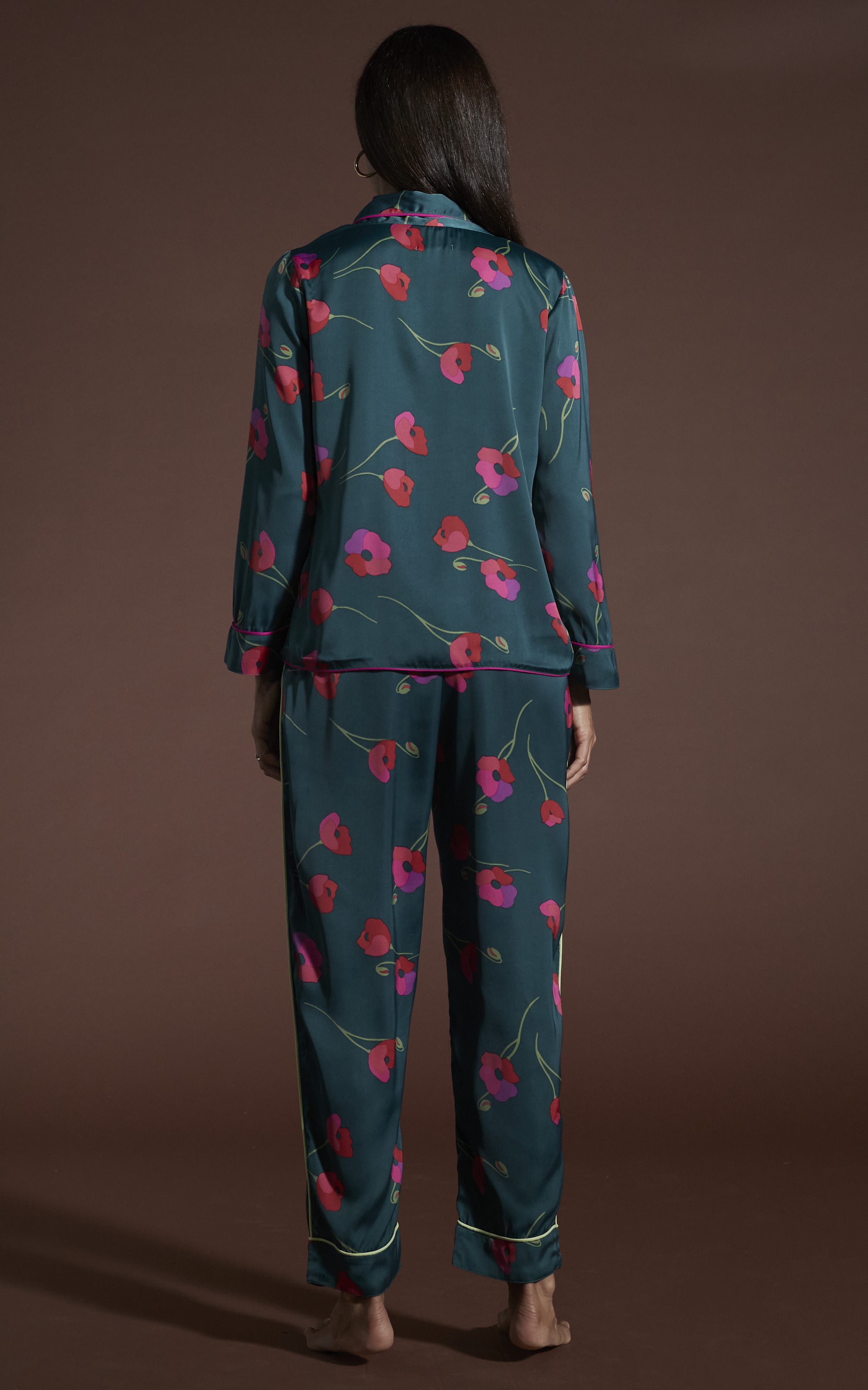 Cosmos Satin Long Leg PJ Set in Poppies on Dark Green