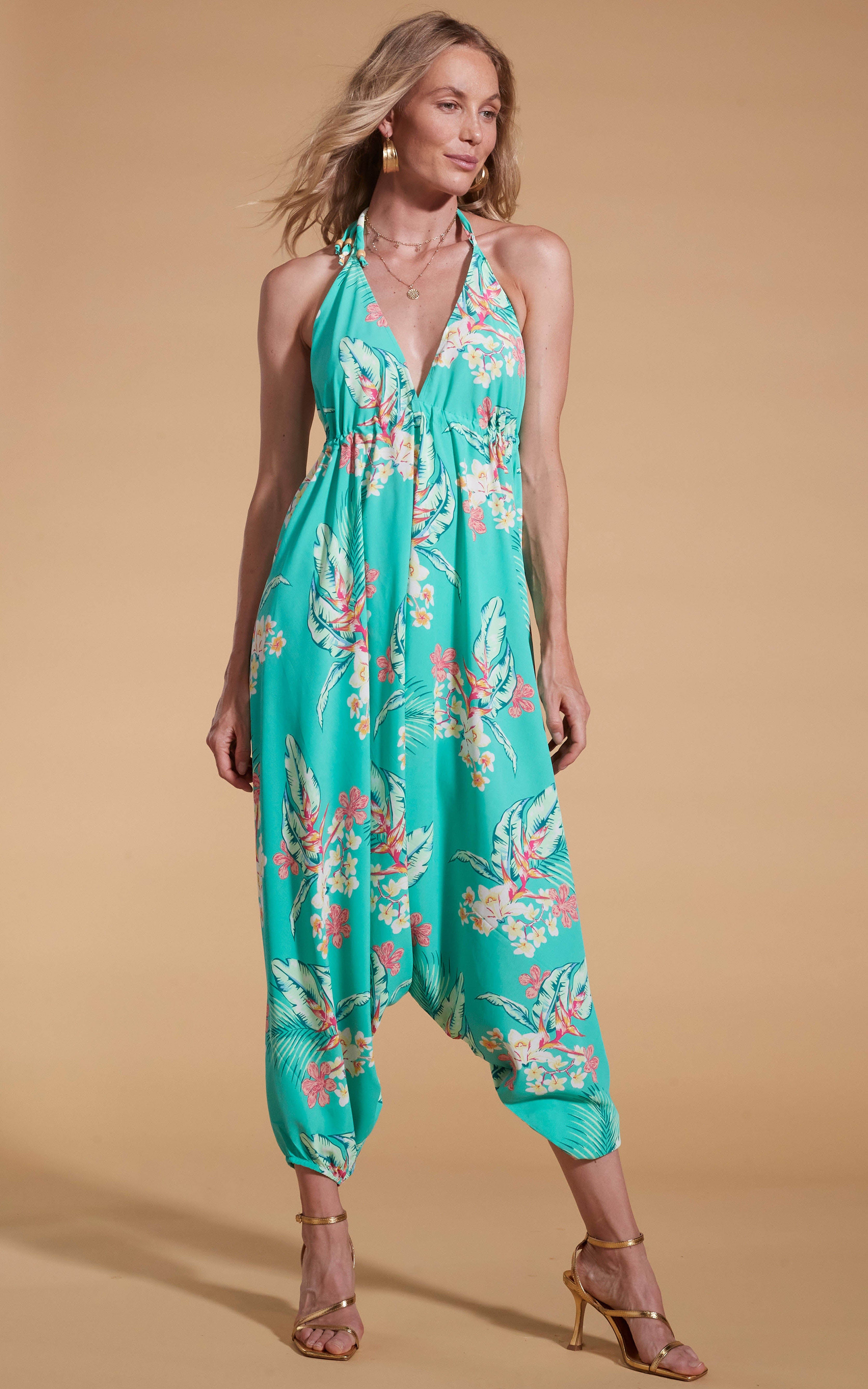 Genie Jumpsuit In Green Tropical