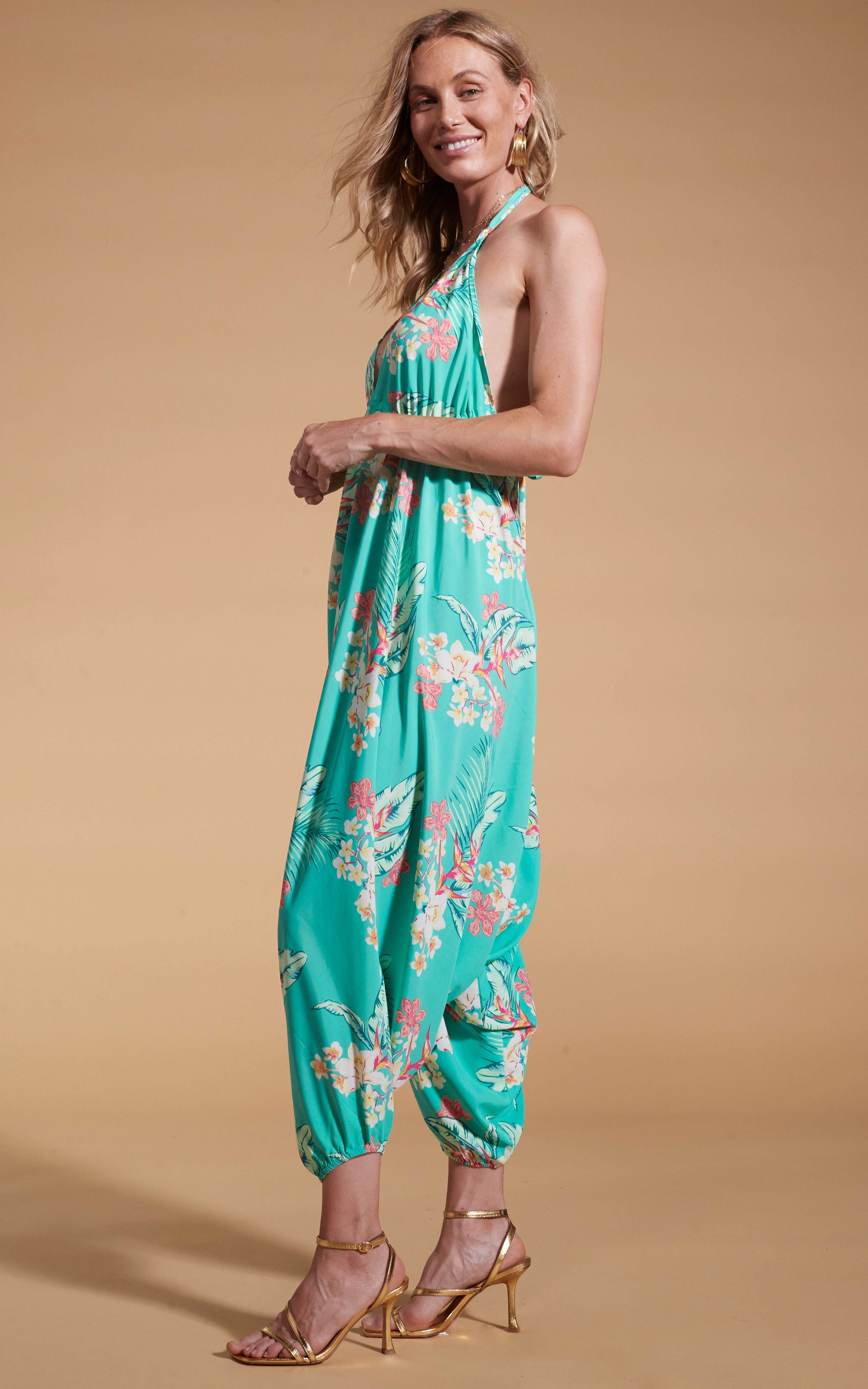 Genie Jumpsuit In Green Tropical