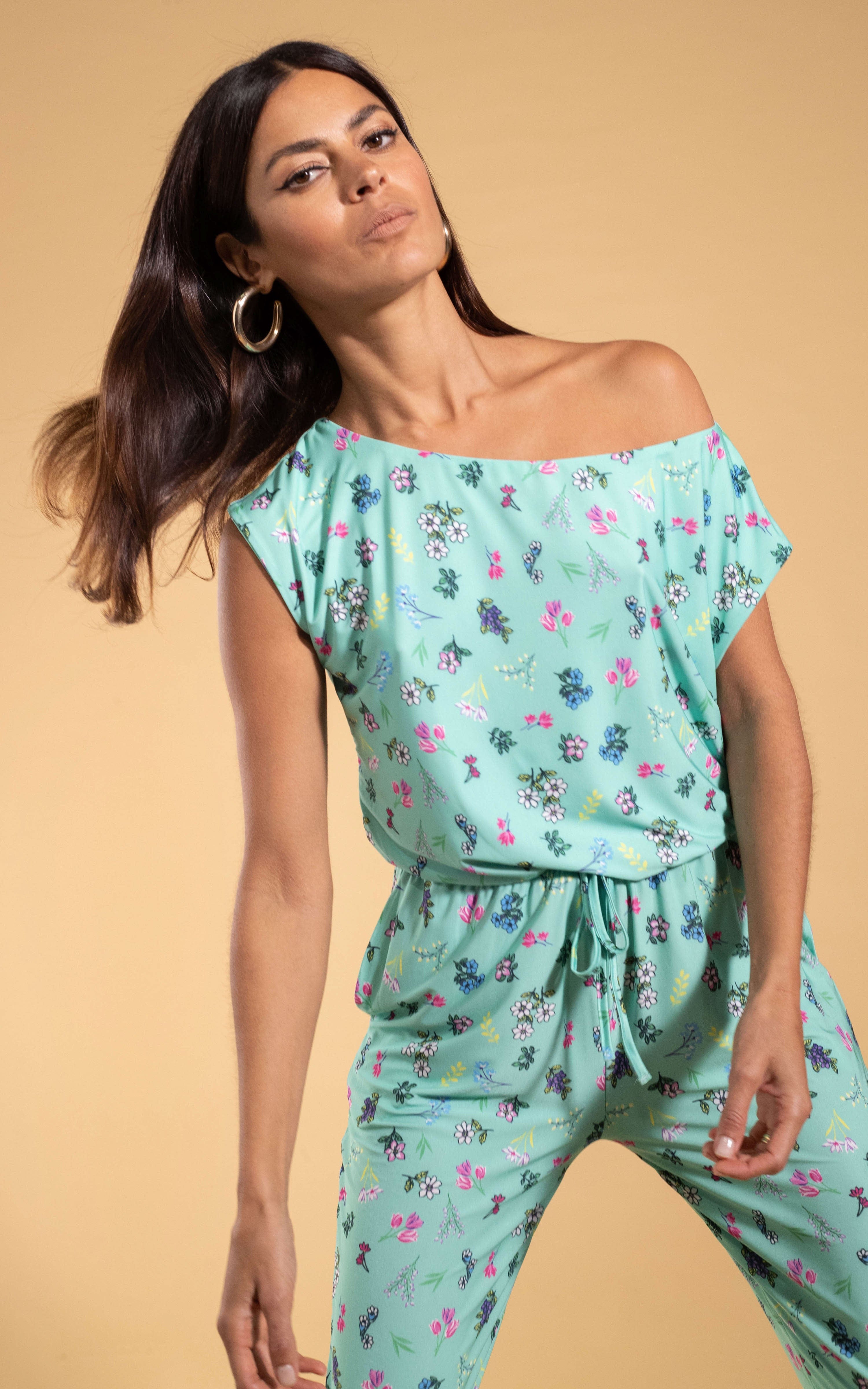 Billie Slinky Jumpsuit in Turquoise Ditsy Floral