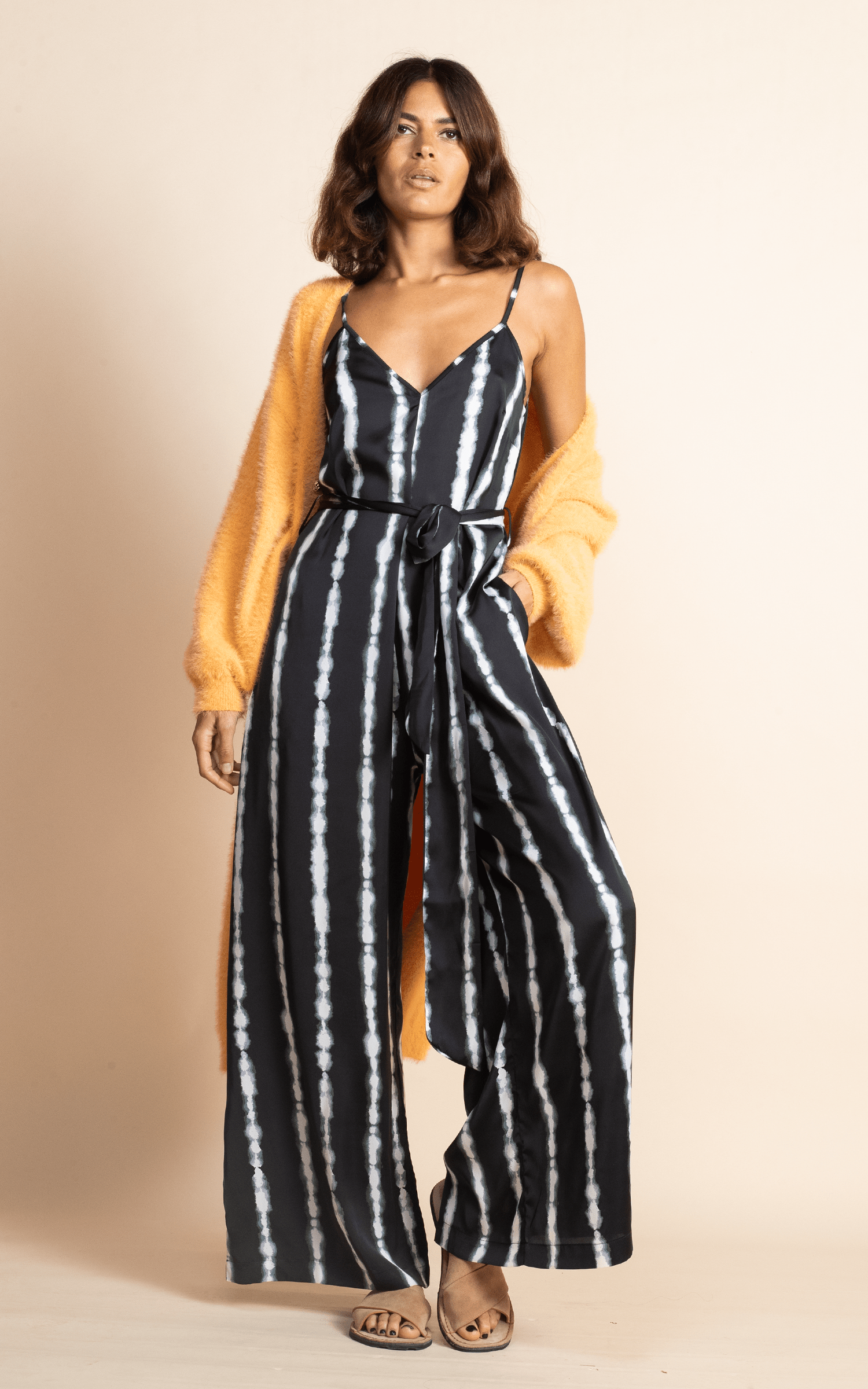 Gabriella Jumpsuit in Tie Dye Black and White Stripe