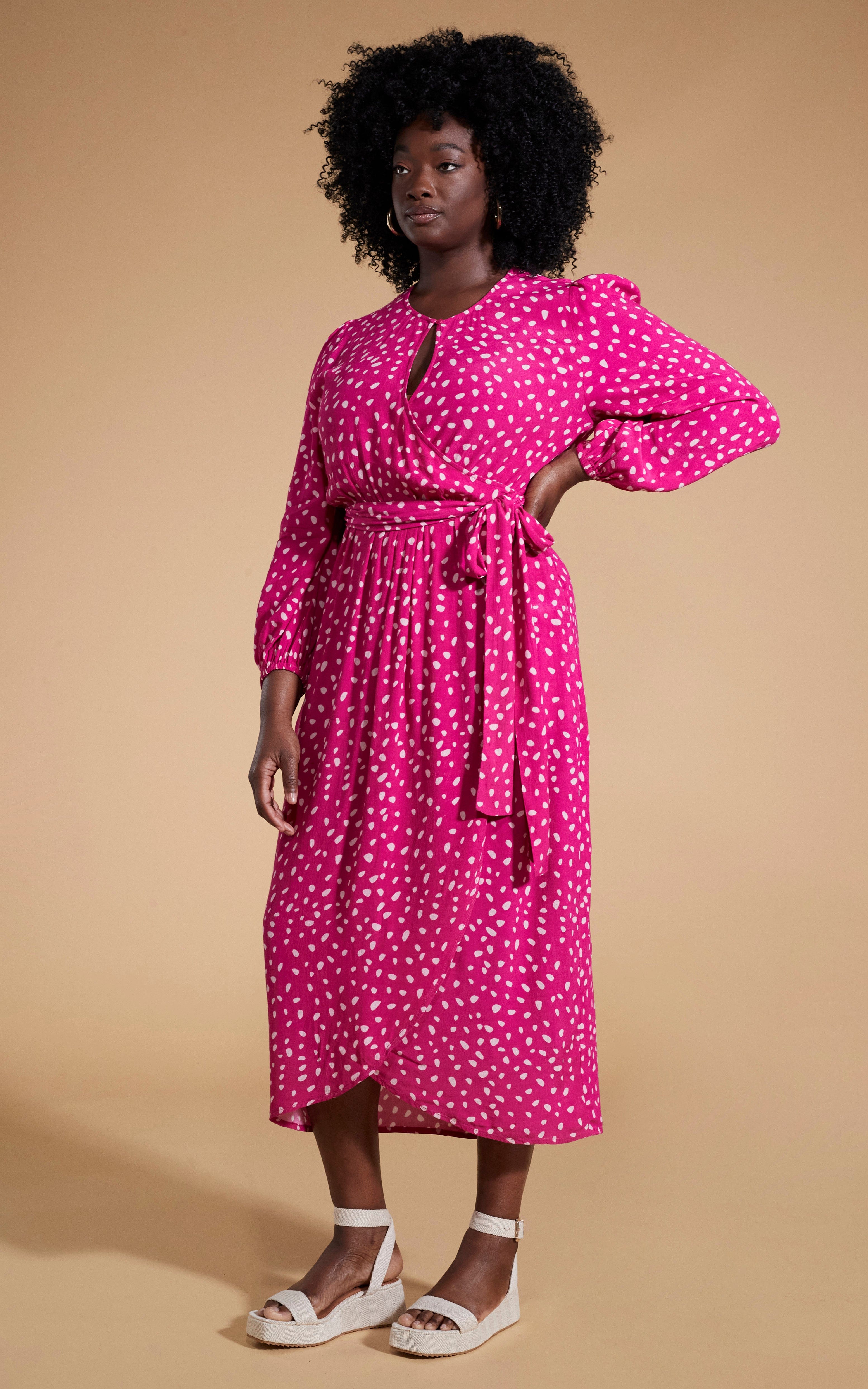 Mabel Midaxi Mock Wrap Dress in Odd Dot Pink on Magenta