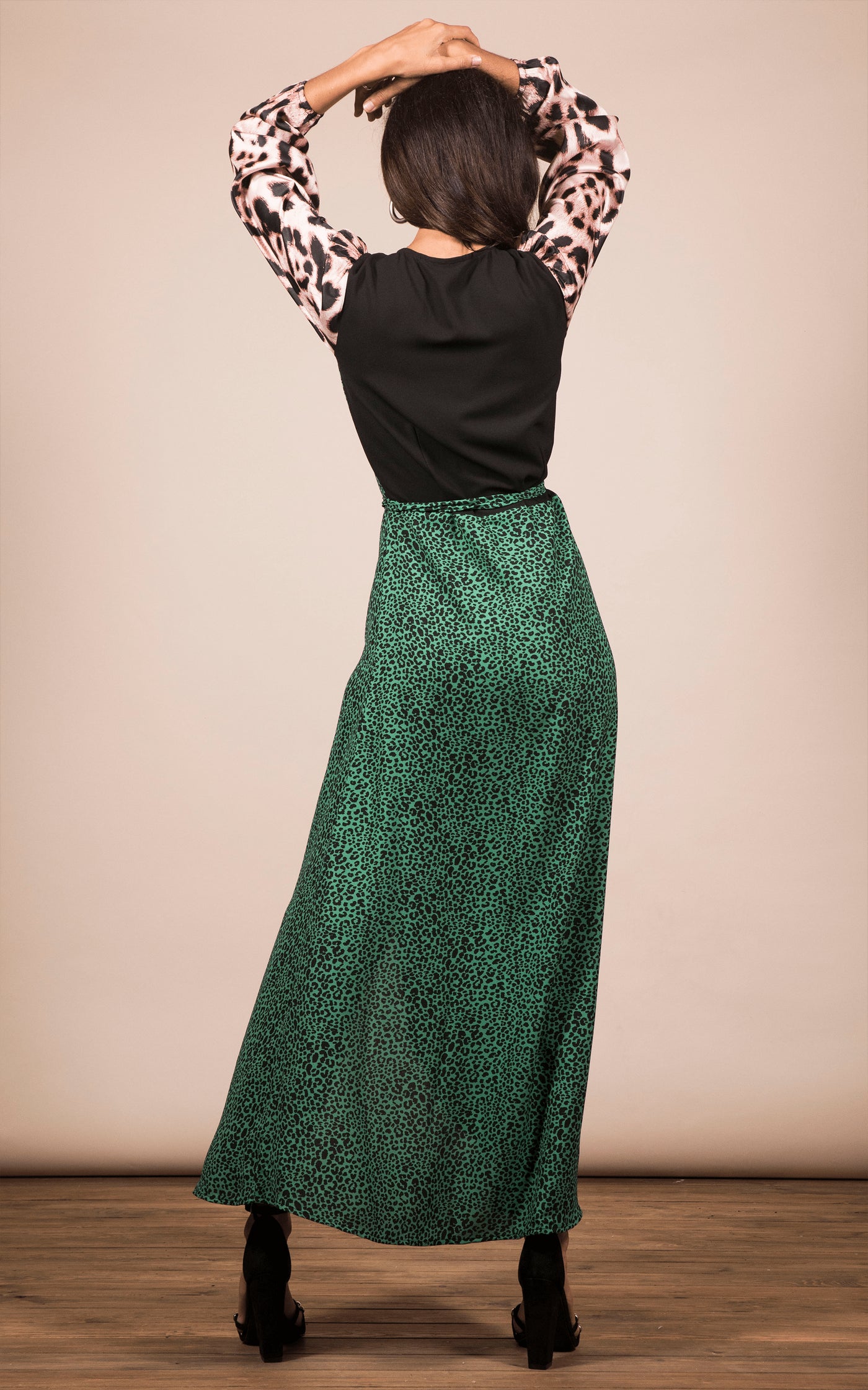 green animal print maxi dress