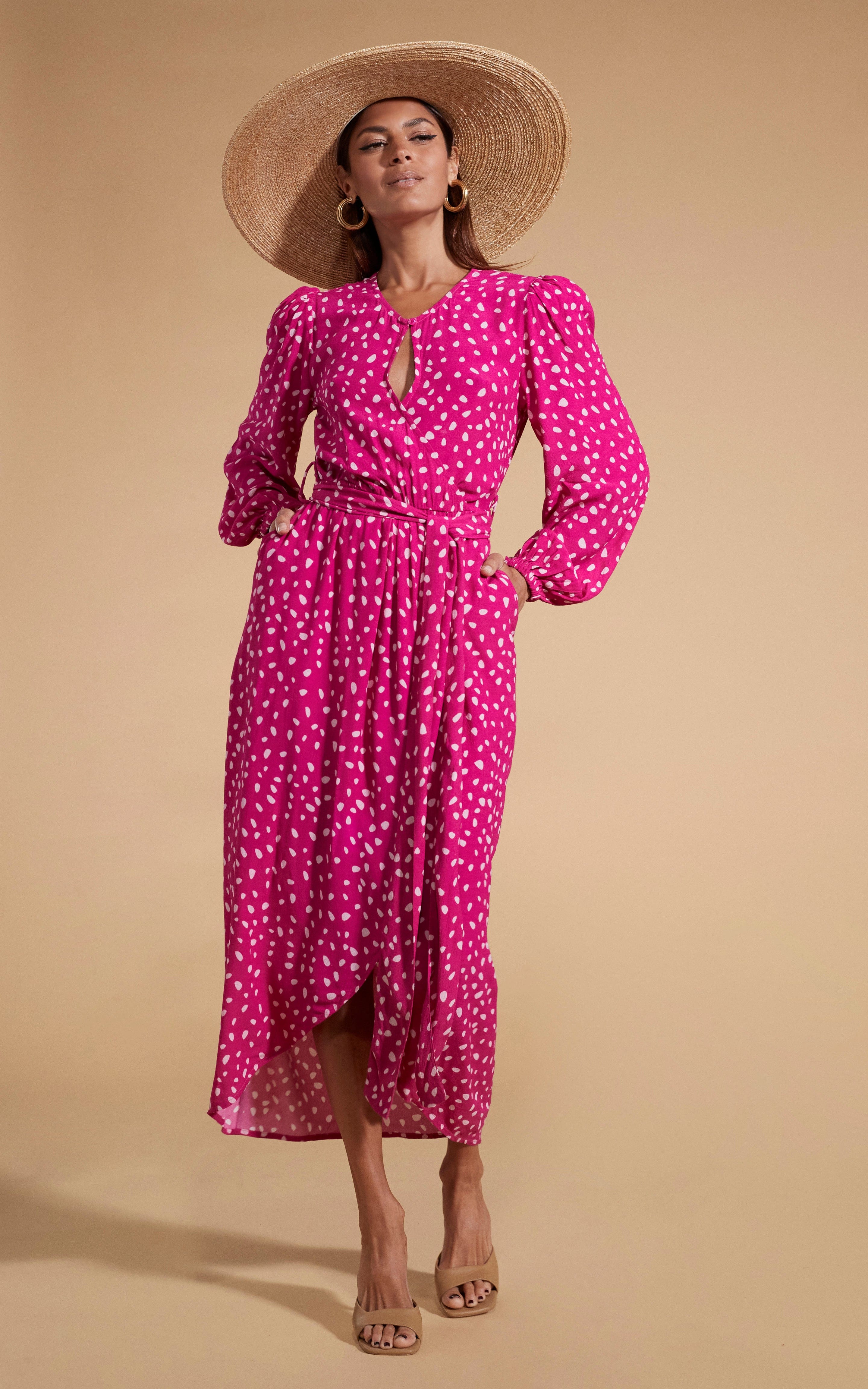 Mabel Midaxi Mock Wrap Dress in Odd Dot Pink on Magenta