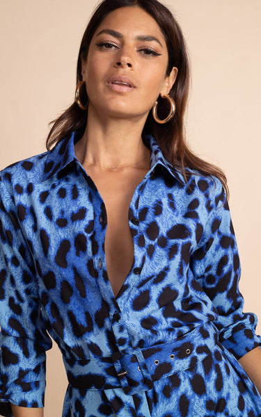 Alva Midi Shirt Dress in Bright Blue Leopard Print | Dancing Leopard