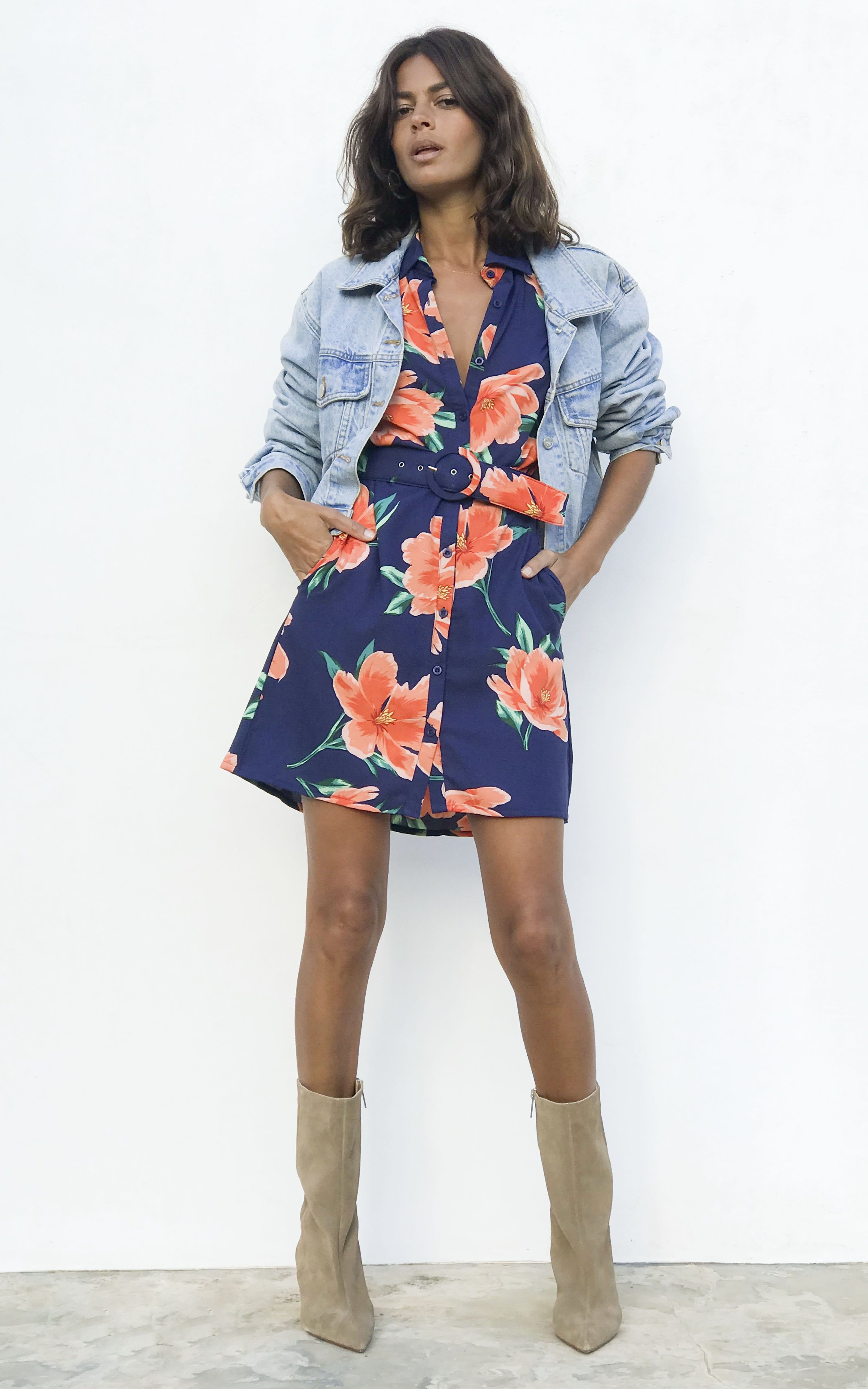 Jonah Mini Shirt Dress in Orange on Navy Tulip