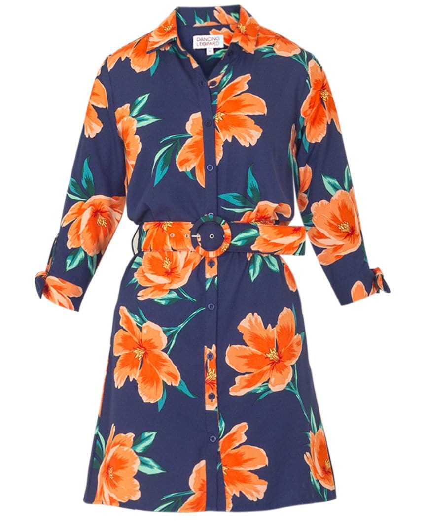 Jonah Mini Shirt Dress in Orange on Navy Tulip