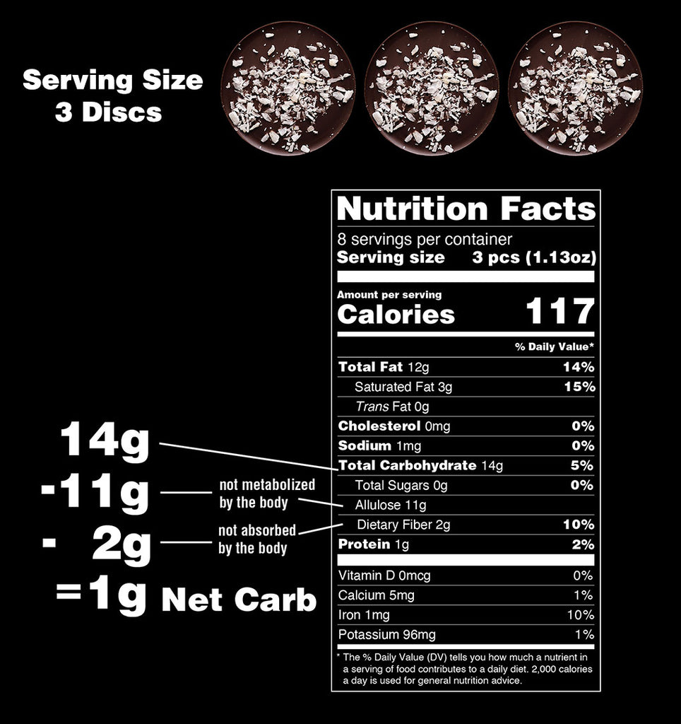 organic coconut flakes on sugar free dark chocolate with nutrition information and net carb calculation