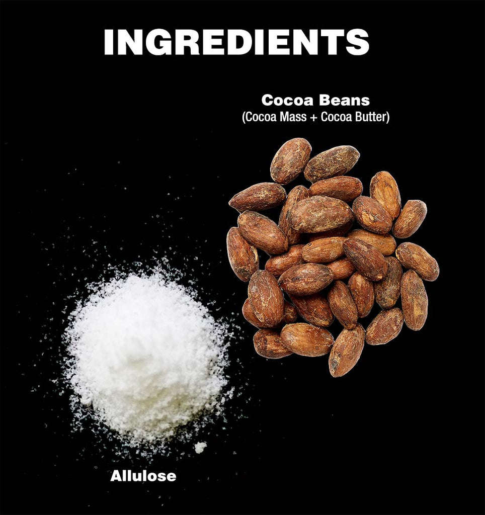 dark keto chocolate with allulose, cocoa beans, and prebiotic fiber inulin.