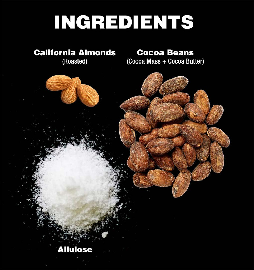 ingredients of Goalz Almond Keto Chocolate sweetened with Allulose and with prebiotic fiber