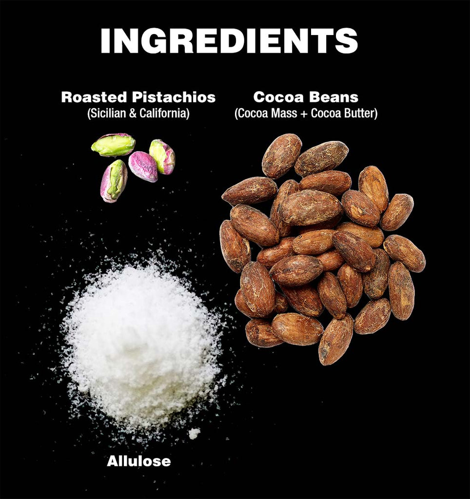 Keto pistachio chocolate ingredients including sicilian pistachios, allulose, cocoa beans, and prebiotic fiber from chicory root.