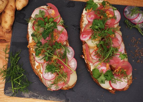 Kartoffelmad: Seasonal Danish style open faced potato salad sandwich